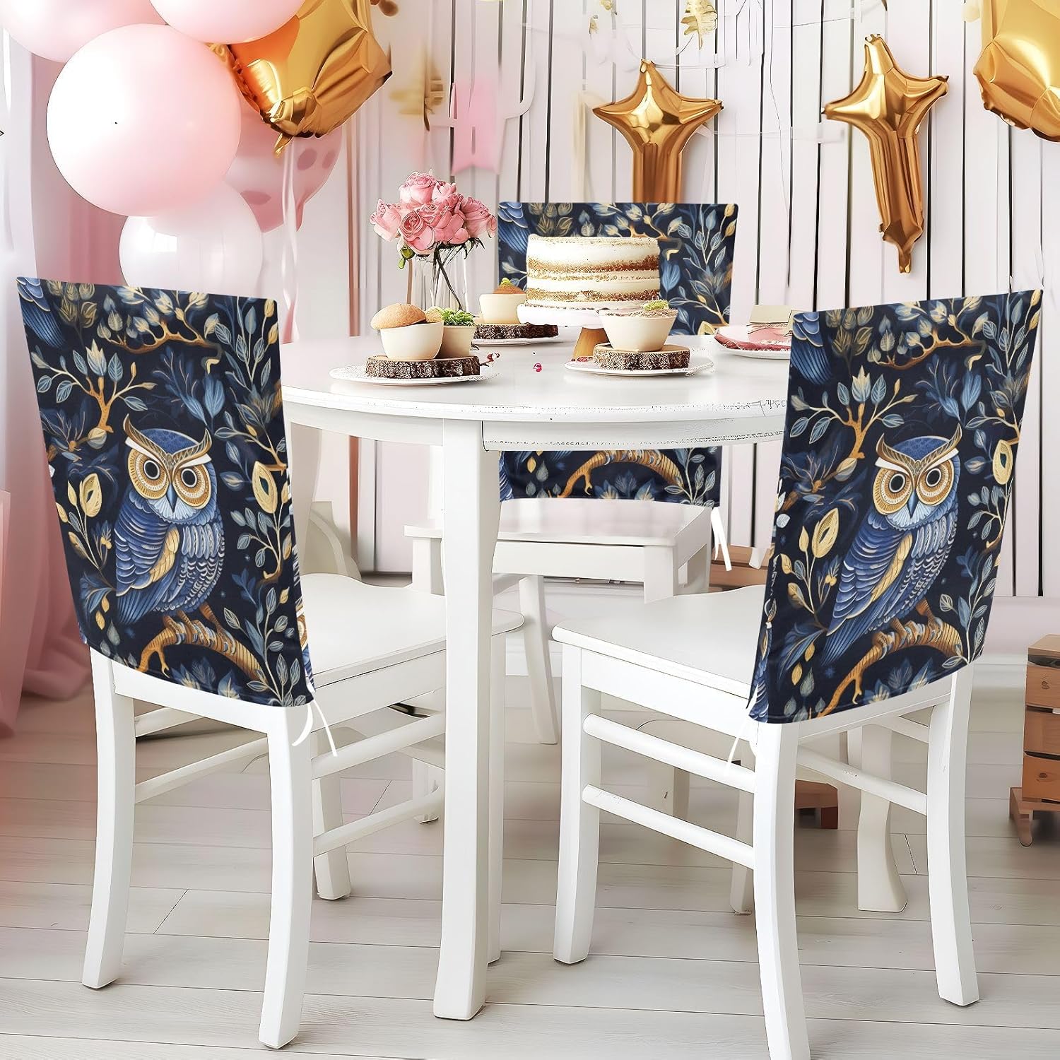 ALAZA Owl Blue Leaves Chair Back Cover Set of 6, Washable Reusable Removable Chair Slipcovers Decorative Chair Cover for Home Kitchen Wedding Party