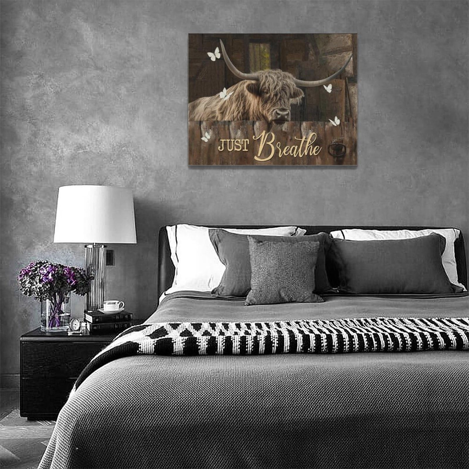 Kunstdruck Auf Leinwand, Motiv "Highland-Kuh In Der Badewanne, Schwarz Und Weiß, Lustige Tiere, Malerei, Blume, Kuh, Badezimmer, Gerahmt, Wanddekoration, Fertig Zum Aufhängen, 30.5x40.6 Cm