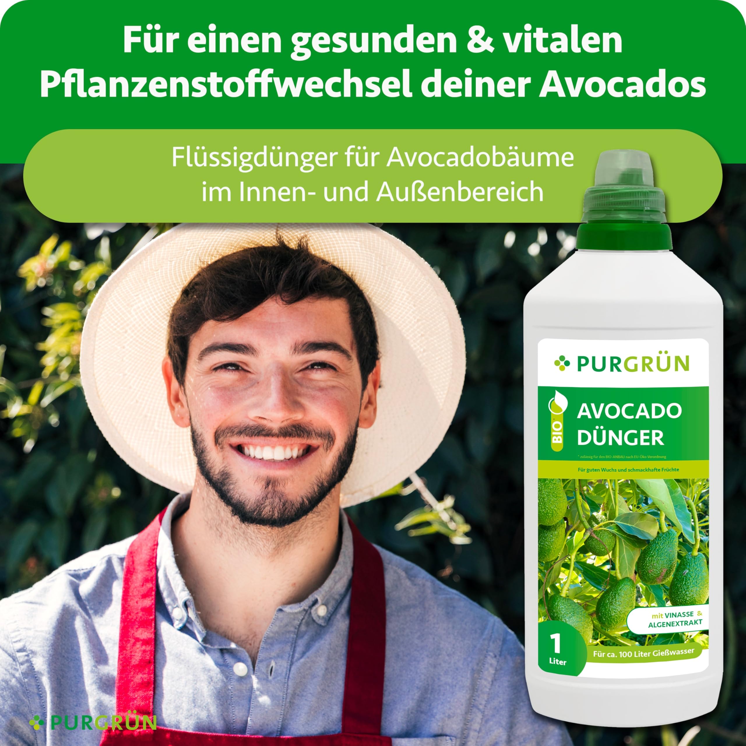 Bio-Avocado-Dünger 1 Liter – Organische Rezeptur – Premium-Flüssigdünger – NPK 4+1+7 – Mit Algenextrakt & Vinasse – Extra Kalium für prächtige Avocados – Ohne tierische Inhaltsstoffe