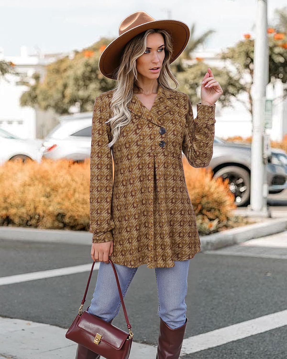 Gaharu Women's Swing Tunic Notch Collar Ladies Button Sweatshirt Long Sleeve Pullover Shirt Tops - Image 2