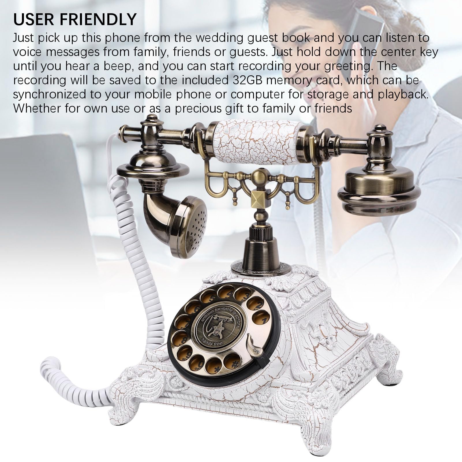 Audio Gästebuch Hochzeit Telefon, Retro und Praktische 32G -Kapazität Audio Gästebuchtelefon, Personalisierte Retro -Telefon für Hochzeitsfeier (Weiß)