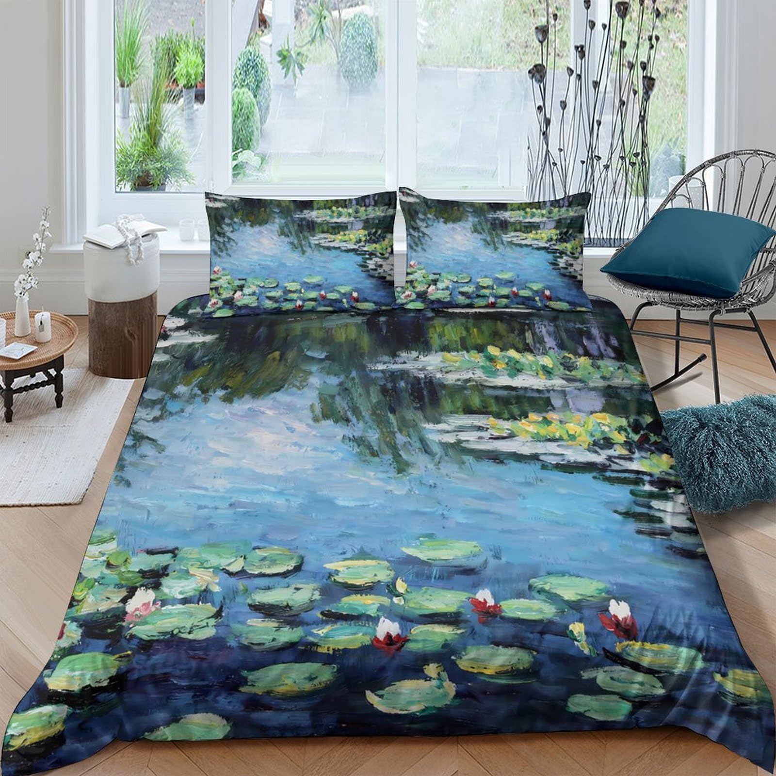 Ctjqhvkz Style-7 3D Printed Water Lily Pond Fitted Sheet Microfiber Soft Decorative Monet Style Bed Cover For Bedroom Guest Room Single（135X200cm）