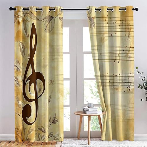 Miniatura 3 de 52" W x 108" L 2 Panel Grommet Room Darkening Window Curtain Drapes, Tan Window Drapes Decor, Retro Musical Note Plant Leaves Print Curtains for