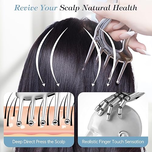 Miniatura 5 de Herramientas faciales de metal Gua Sha, herramienta portátil de masaje del cuero cabelludo, peine de masaje 5 en 1 para cabeza, cuello, hombros,