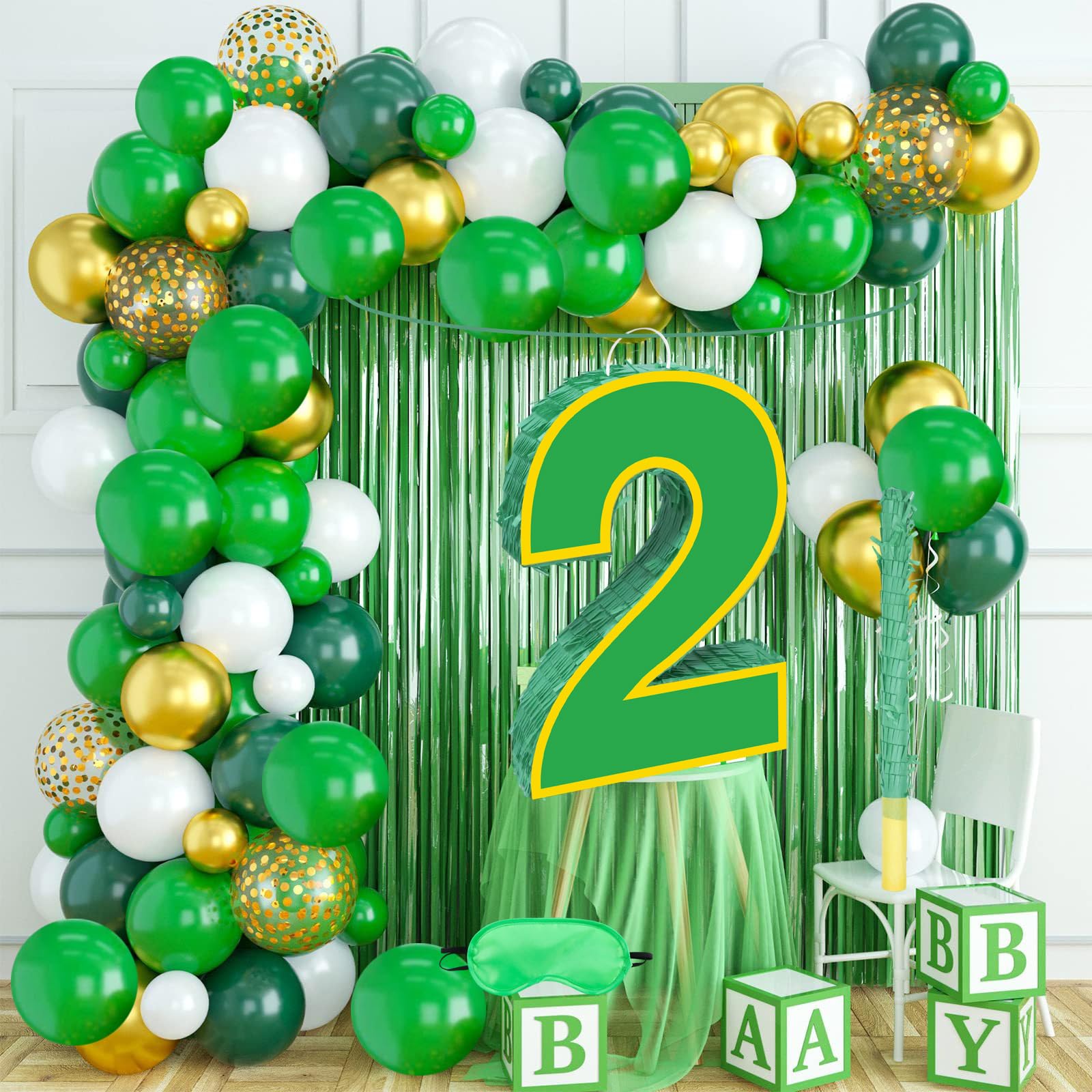 Decoraciones de fiesta de cumpleaños amarillo y verde, piñata número 2 amarillo y verde de 15.7 pulgadas con confeti para niñas y niños, decoraciones de fiesta de segundo cumpleaños