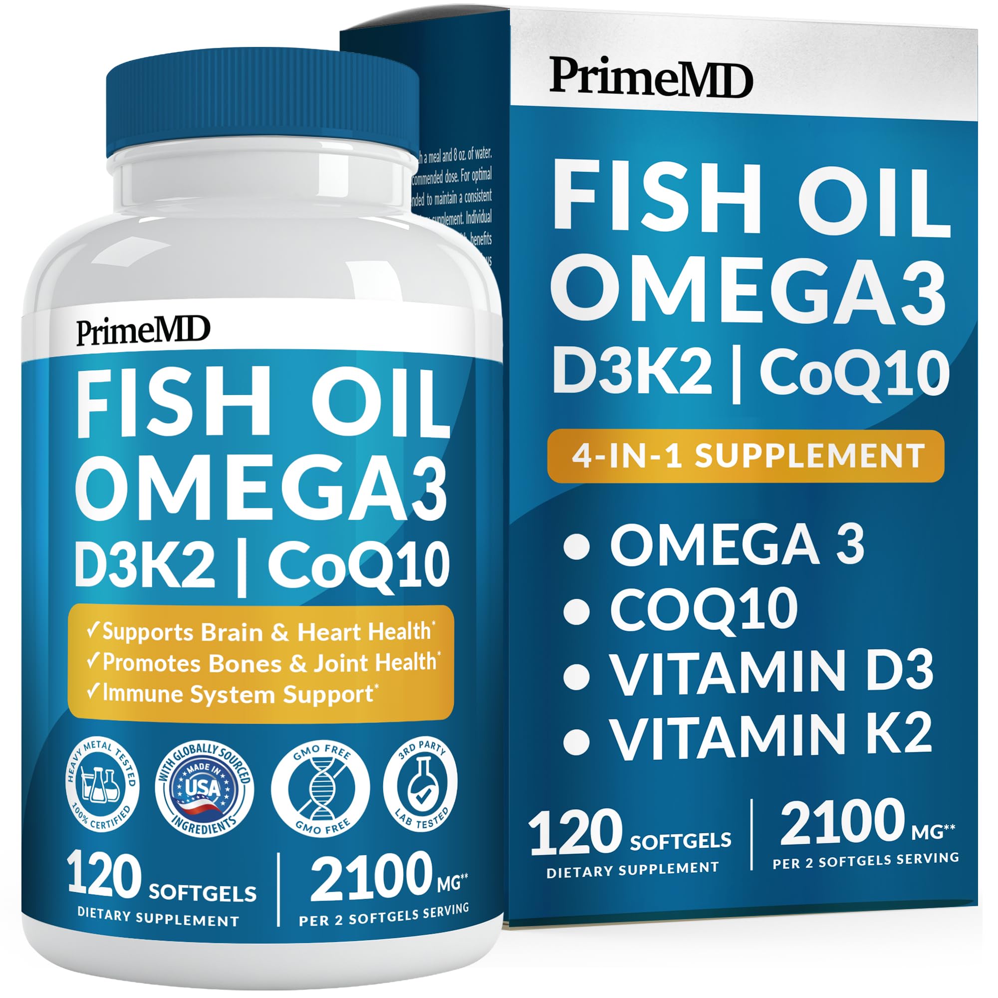 4-in-1 Fish Oil Omega 3 Fatty Supplements (2100mg) - Omega 3 Fish Oil with Vitamins D3 K2 and CoQ10 - Lemon Flavored (120 softgels)