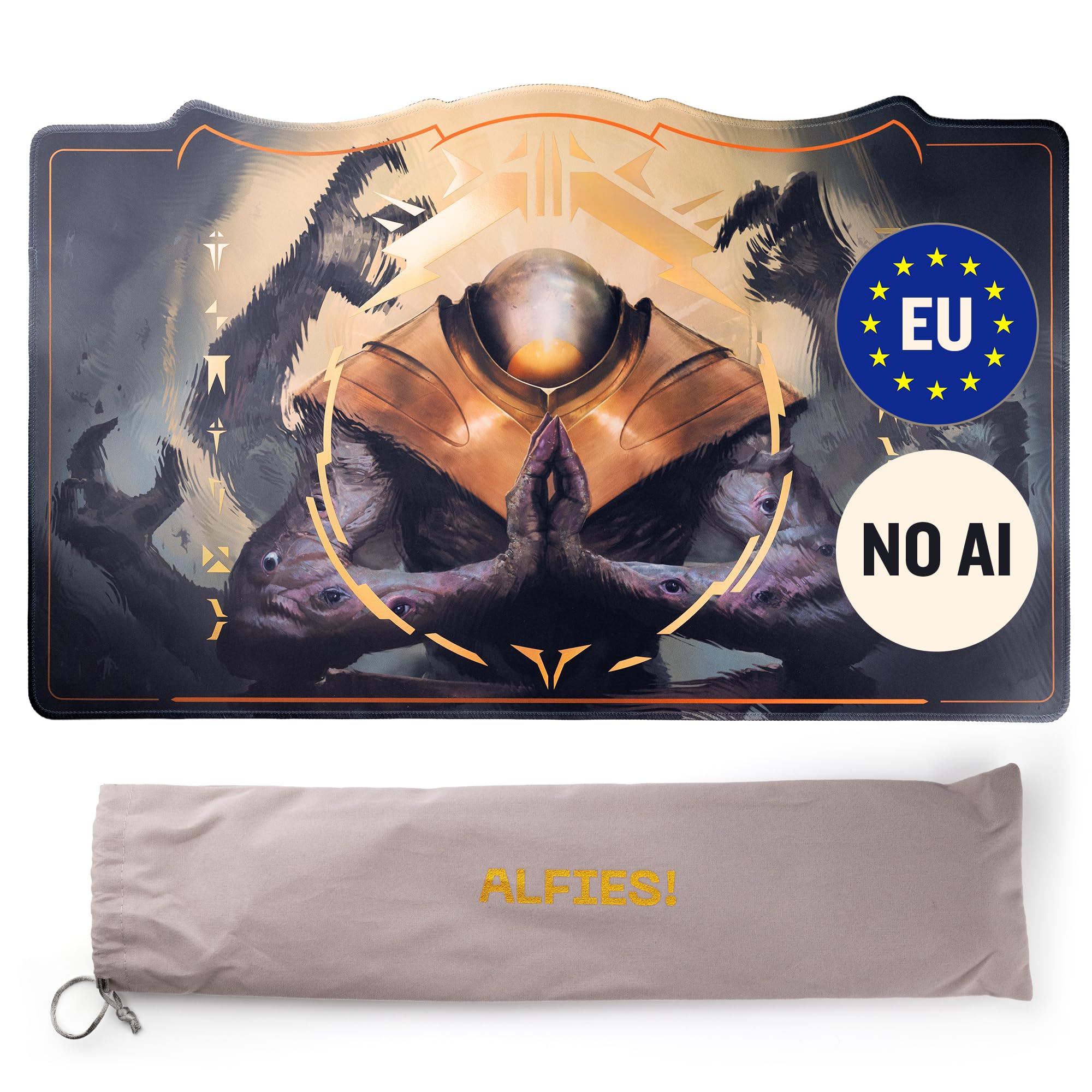 Alfies! The Great Distortion Tapis de Jeu Magic MTG | Artwork Eldrazi Peint à la Main | Accents dorés holographiques Faits Main | Design européen Exclusif | Forme légendaire personnalisée