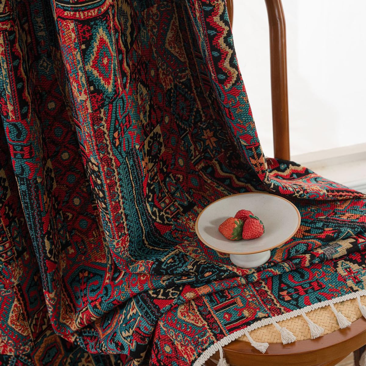 Bohemian Vintage Vorhänge Geometrisch Blickdicht Gardinen Rot Leinenoptik Boho Jacquard Baumwolle Vorhange mit Quaste Rod Pocket für Wohnzimmer Schlafzimmer 1 Stück B150×H240cm