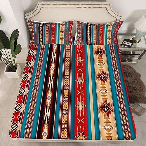 Miniatura 2 de Erosebridal Juego de sábanas aztecas étnicas tribales con flechas, retro del suroeste nativo bohemio, ajustadas, tamaño matrimonial, geometría de