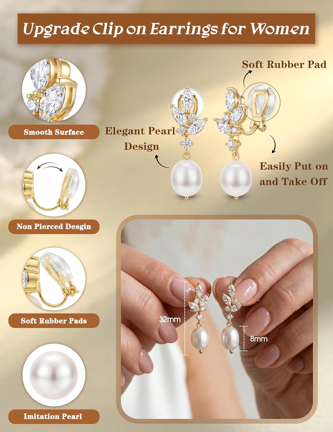 CASSIECA Pearl Clip on Earrings for Women Comfortable 14K Gold Plated Cubic Zirconia Pearl Drop Dangle Earrings Lightweight Non Pierced Ear Clips Jewelry Gift for Wedding Bridal