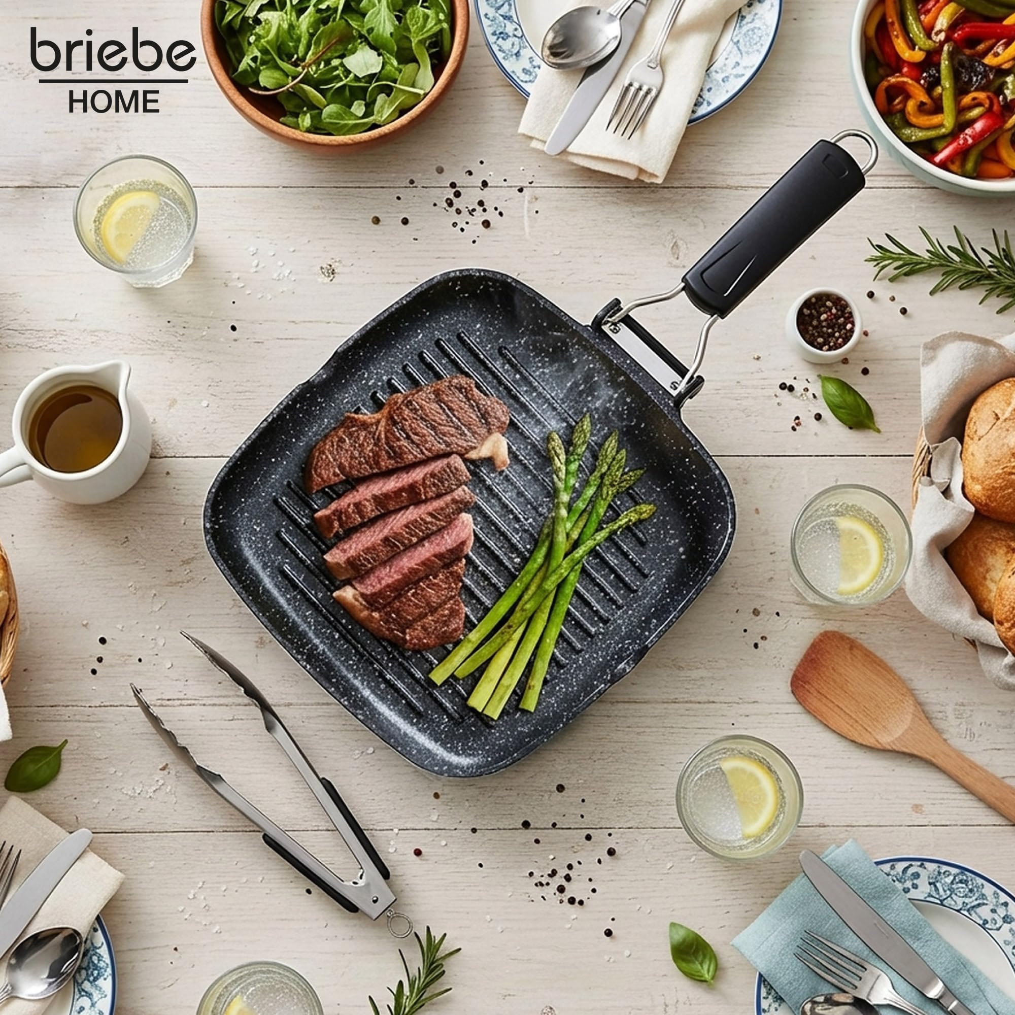 Briebe Black Titanium Grill à rayures, induction, antiadhésif titane, poêle à frire en fonte d'aluminium sans PFOA, manche pliable, vitrocéramique, gaz, 20 x 20 cm