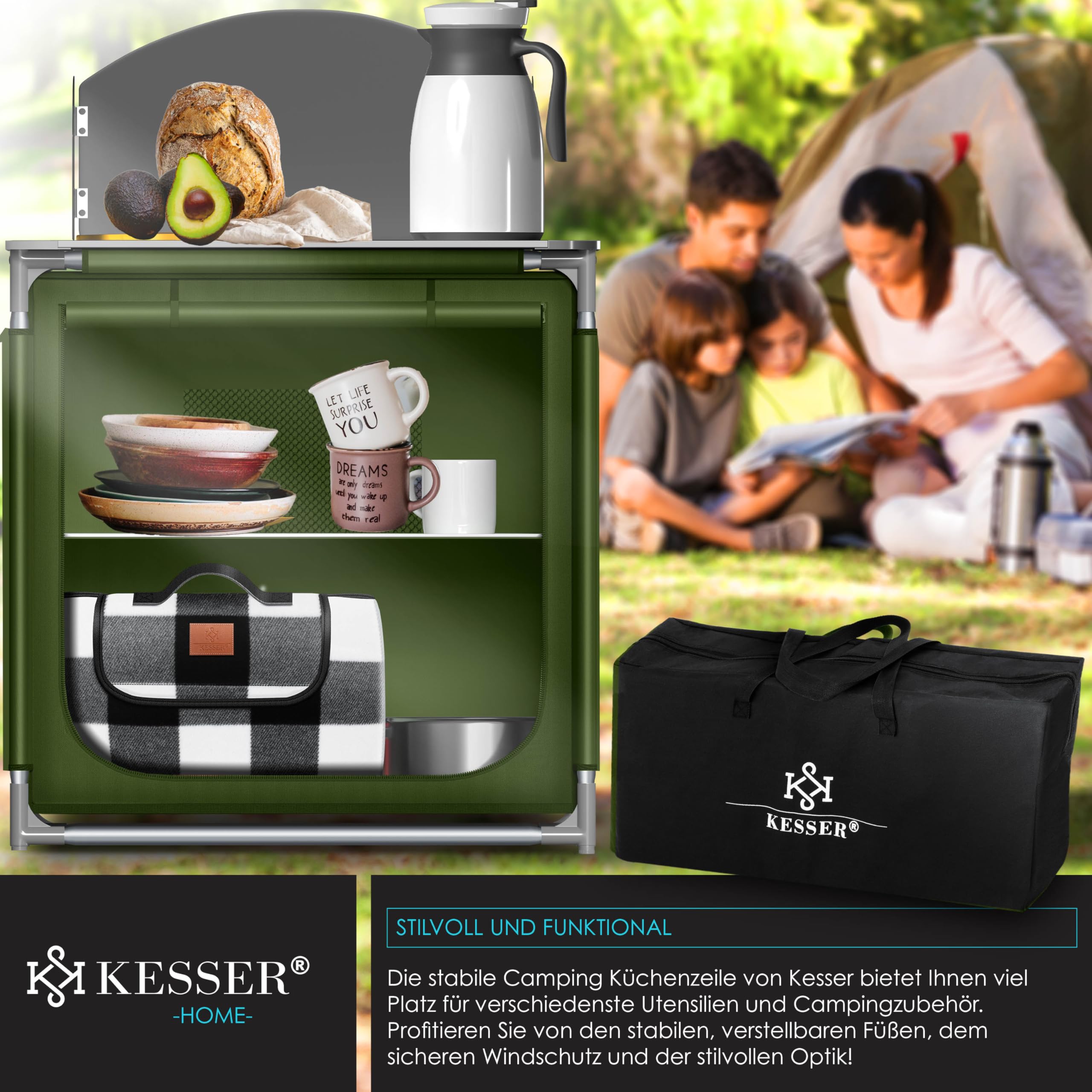 KESSER® Cucina da Campeggio, Armadietto da Campeggio Pieghevole con Borsa per Trasporto e Set di Bicchieri, Struttura in Alluminio