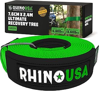 Rhino USA Recovery Tree Saver Tow Rope 7.6 cm x 2.4 m - 13,600 kg Min Break Strength - Triple Reinforced Heavy Duty Straps - Emergency 4x4 Off Road Recovery Accessories - Green