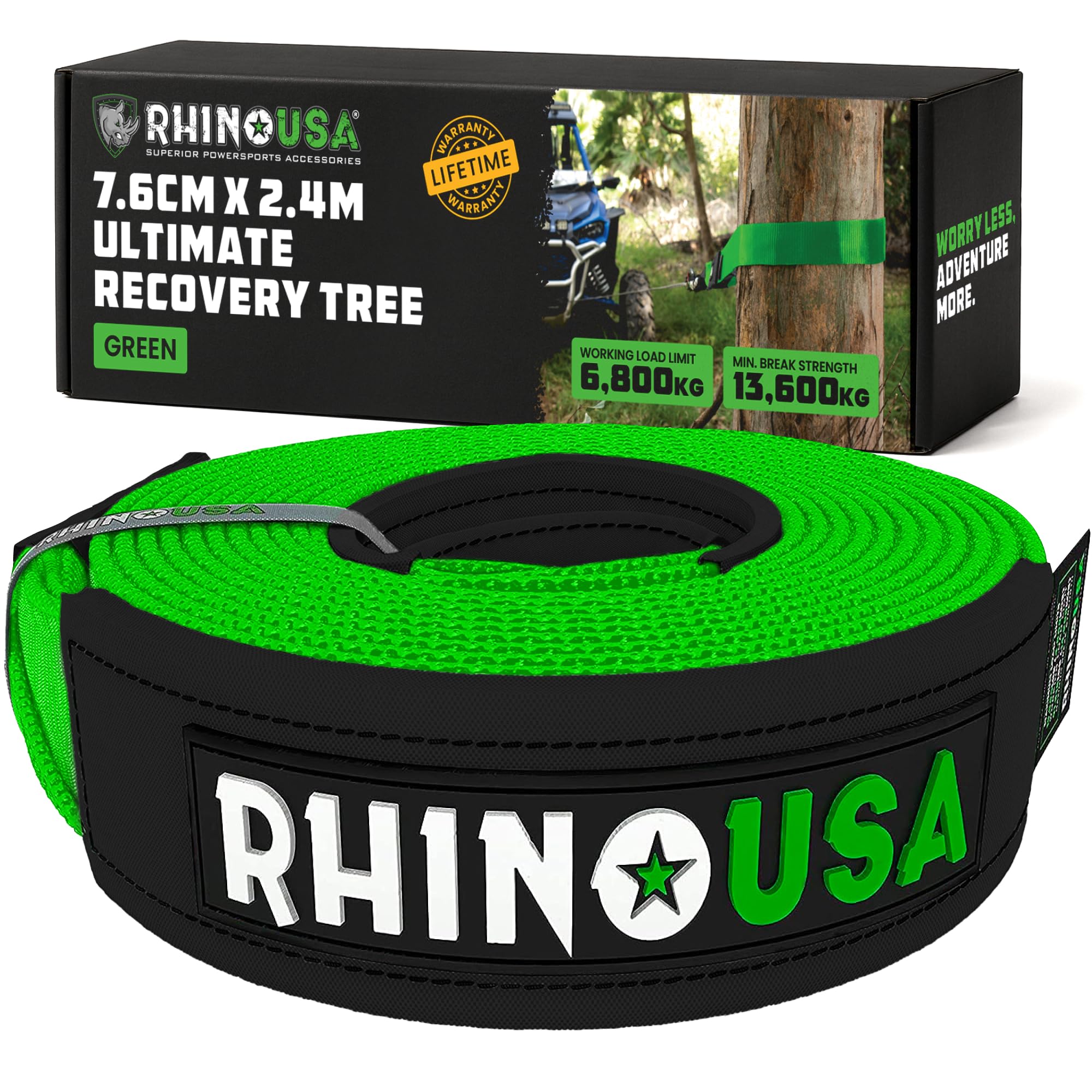Rhino USA Recovery Tree Saver Tow Rope 7.6 cm x 2.4 m - 13,600 kg Min Break Strength - Triple Reinforced Heavy Duty Straps - Emergency 4x4 Off Road Recovery Accessories - Green
