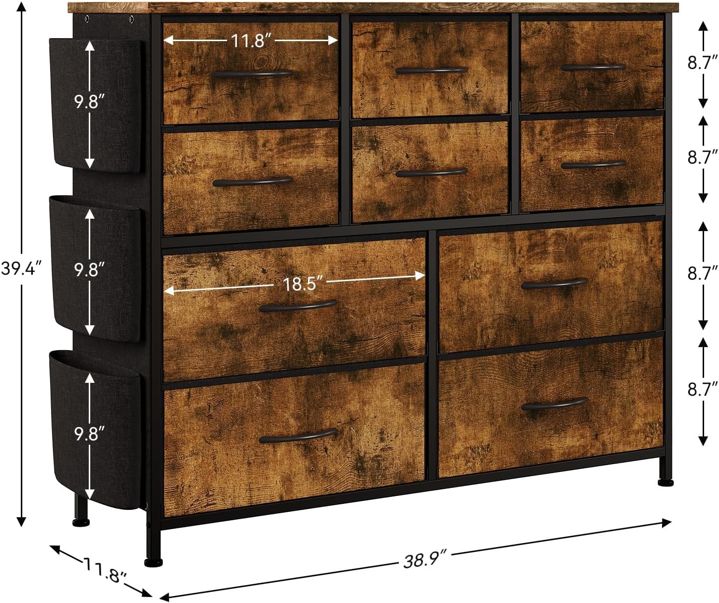 Dresser for Bedroom,Cloth Storage Tower with 10 Drawers,TV Stand,10 Drawers Dresser,Chest of Drawers with Fabric Bins,Steel Frame,Wood Top for Bedroom, Kids Room,Closet,Entryway