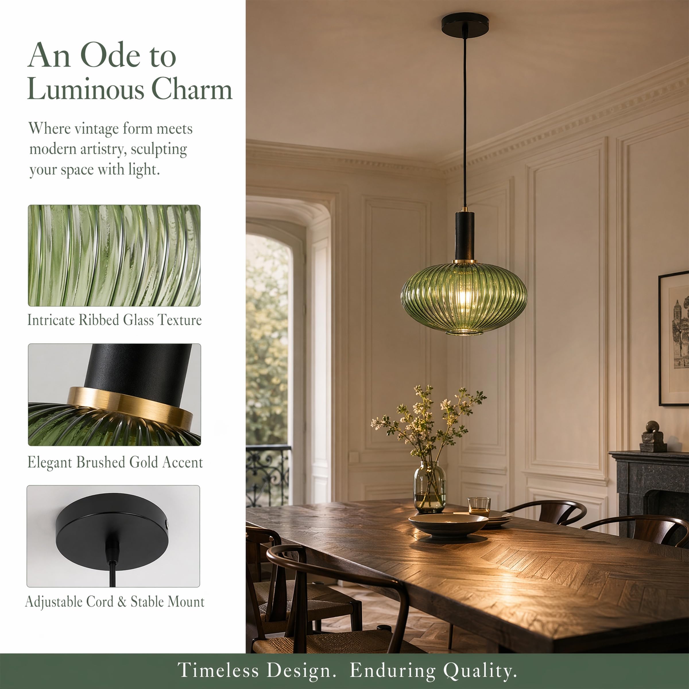 EKSED Lámpara Colgante Moderna de Vidrio Estriado con Casquillo E27, Lámpara de Techo para Isla de Cocina, Comedor y Dormitorio (Verde, 30cm)