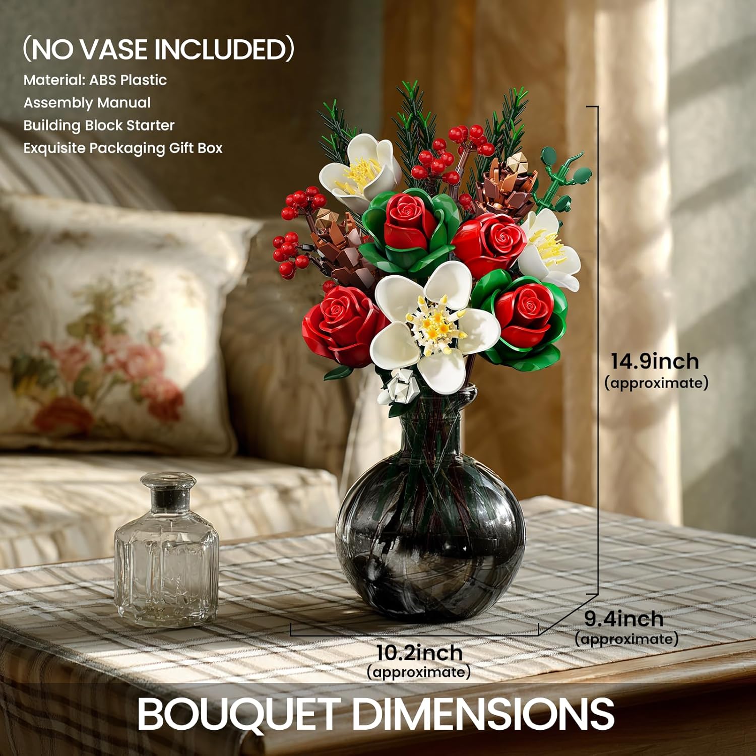 iATOM Flower Bouquet Building Set - Artificial Roses Botanical Collection for Adults - Gift for Mothers Day - Birthday Gift for Mom Her Girlfriend Wife Modern Home Office Table Centerpiece Decor