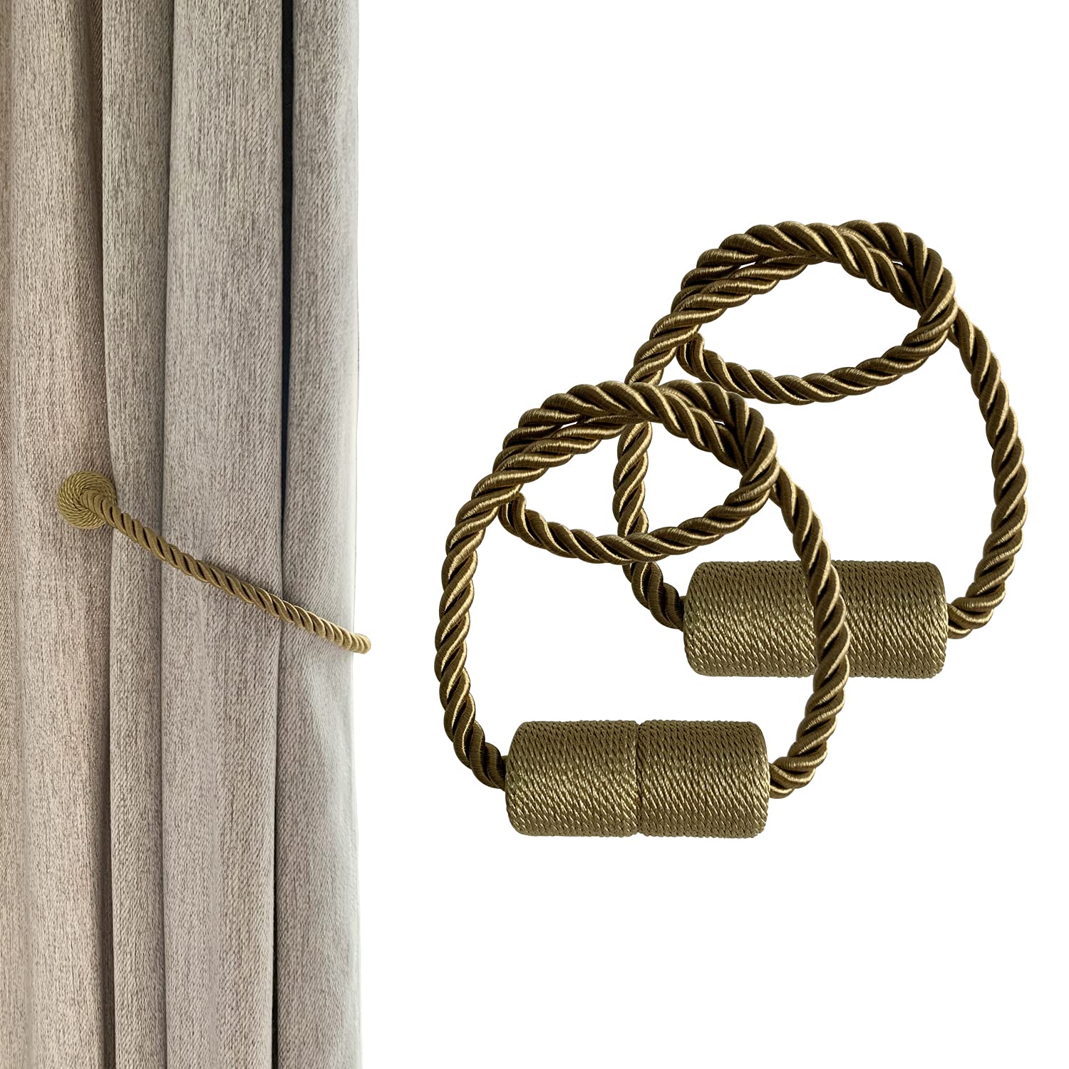 NC Magnetic Curtain Tiebacks Decorative Drapery Holdbacks, 2 Pack Window Drape Ties, Weave Rope Clips for Blackout/Sheer Window Treatment(Golden Bright, 19 Inch)