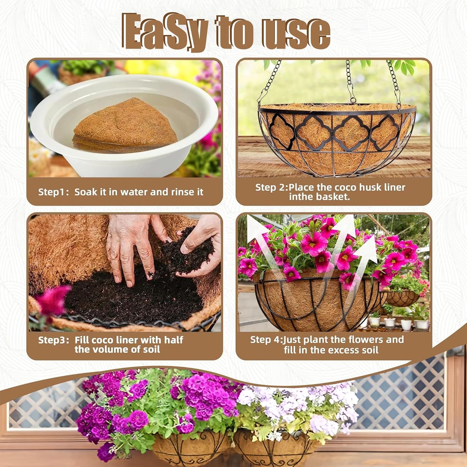 6pcs 14 Inch Round Replacement Coco Liners Perfect Replacement for The Old，for Hanging Basket Planters Flowers Vegetables