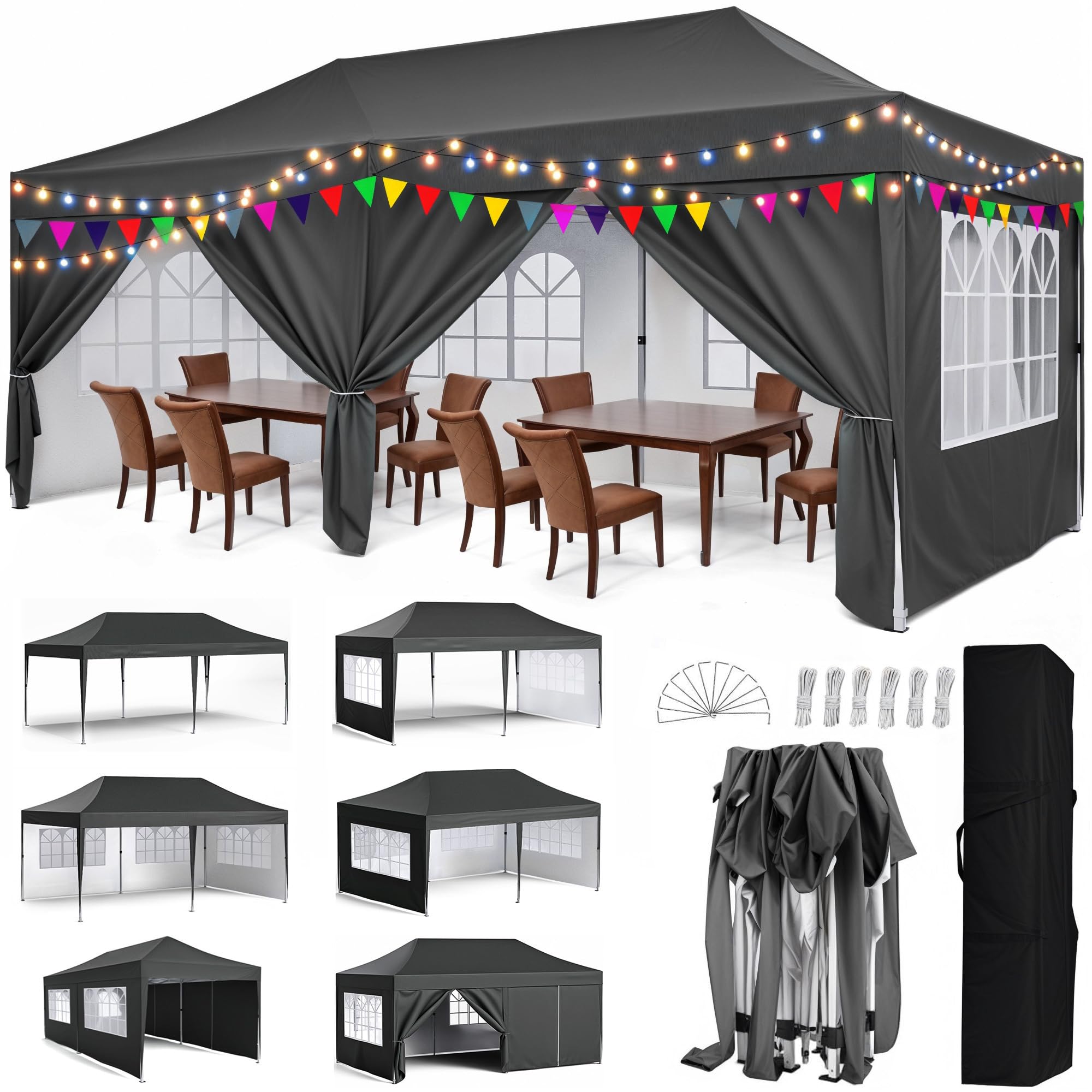 MoraRise 3x6m Pop Up Gazebo with 6 Sidewalls, Heavy Duty Marquee Party Tent, Waterproof & UPF 50+ UV Protection, Easy Setup Folding Canopy for Garden Events, Weddings, Markets & Carport