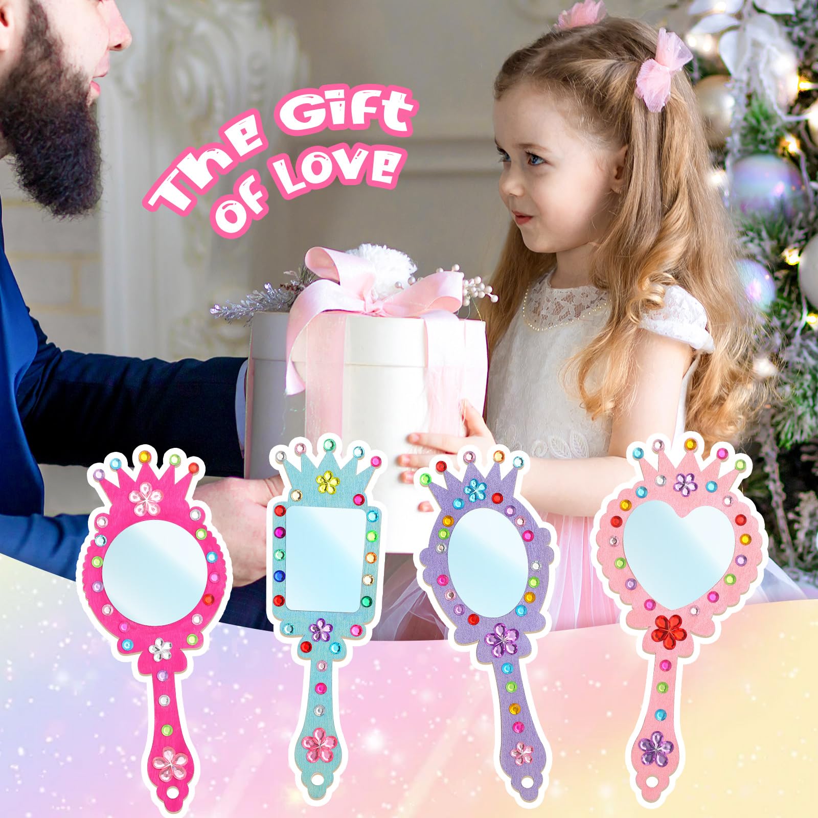 XJWWHZ 12 Pack Wooden Mirror Craft for Kids, DIY Princess Mirrors for Girls, Paint Wooden Hand Mirror for Art Activities