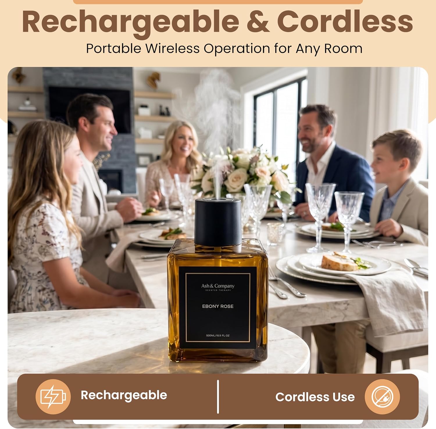 Ebony Rose, All in One Refillable 500ml Essential Oil Scent Diffuser. Wireless, Rechargeable, Hints of Bergamot, Pear, Oud Wood, White Jasmine, Amber. Kid & Pet Safe. Silent, All Natural, Non GMO. image 3