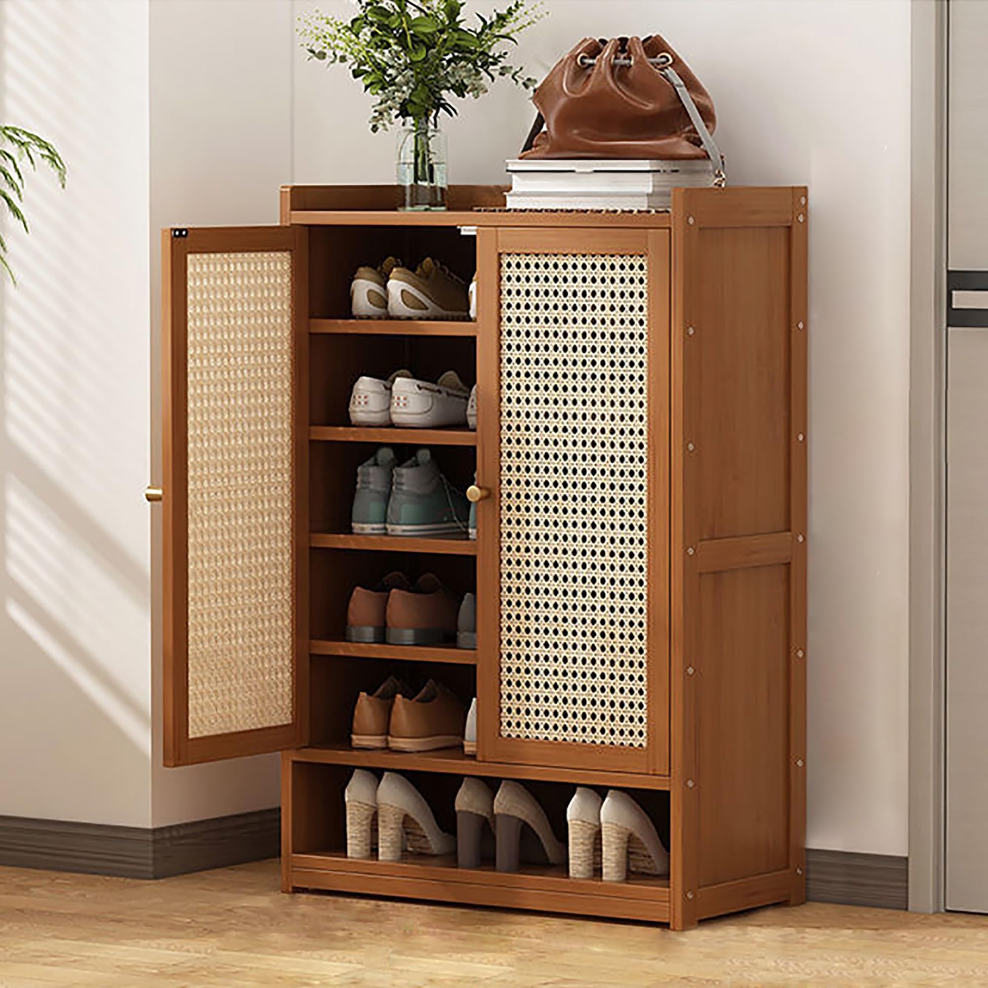 Shoe organizer for entryway, hidden shoe cabinet, shoe cabinet with doors, Rattan Cabinet, Sideboard Storage Cabinet with Crafted Rattan Front, Adjustable Shelves Rustic Oak (Color : Brown, Size : 2