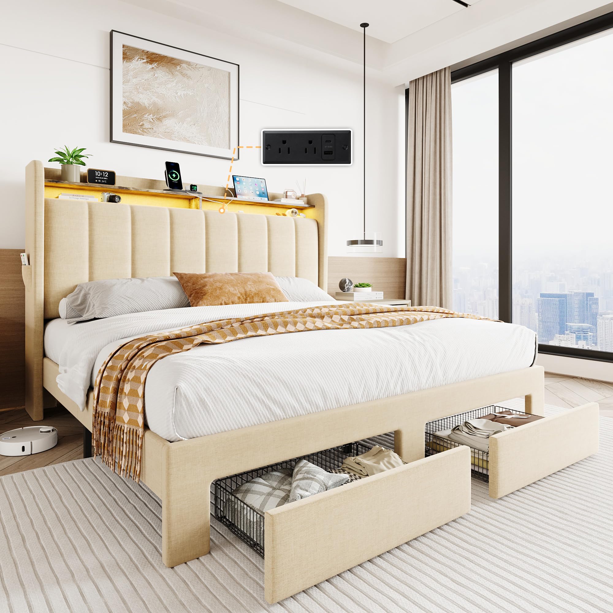 SHA CERLIN Queen Platform Bed Frame with Vertical Channel Tufted Wingback Headboard & 2 Storage Drawers/2-Tier Shelves with LED Lights & Charging