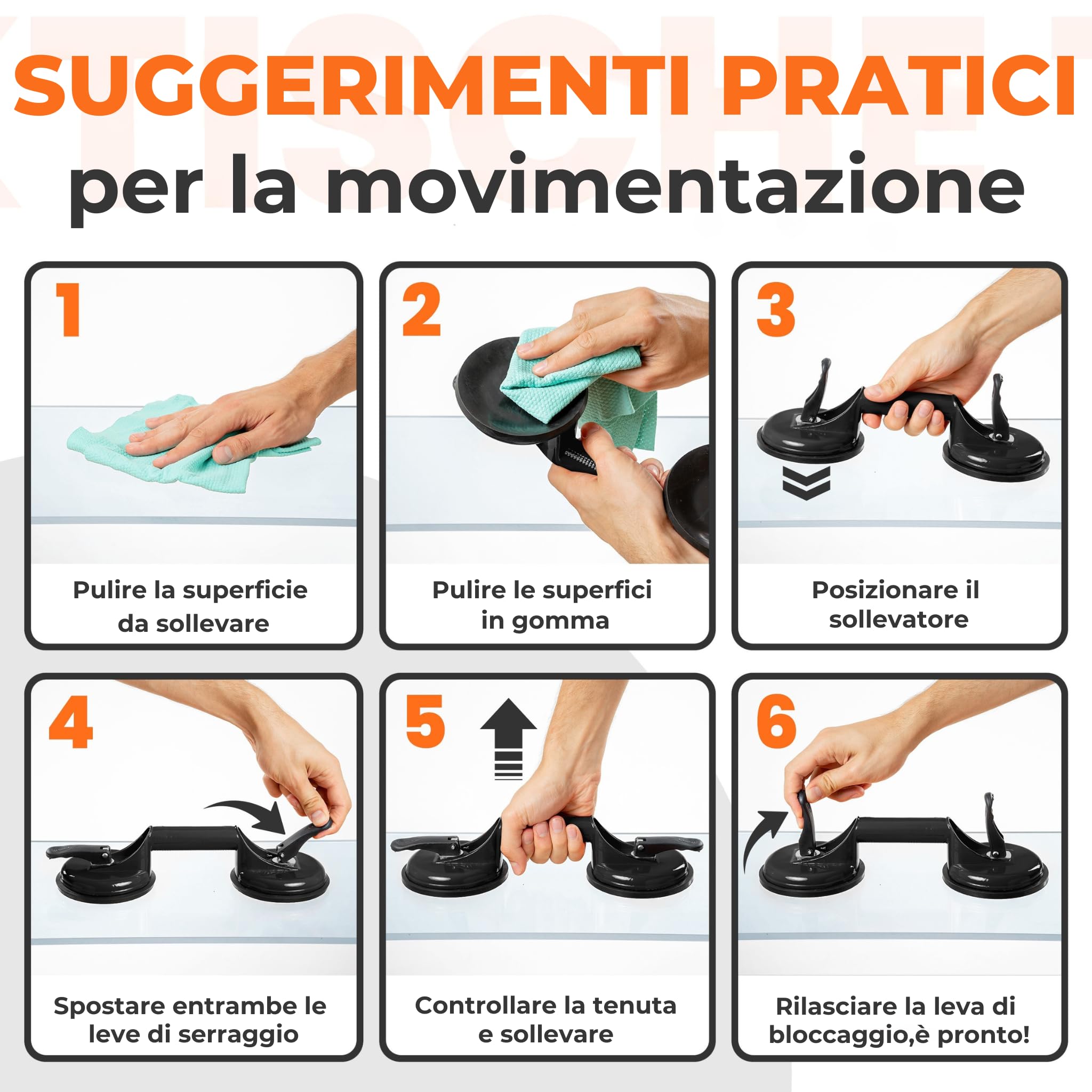 JK Trade® Set di 2 sollevatori a ventosa con maniglia, sollevatore sottovuoto antiscivolo con manico di supporto fino a 120 kg, strumento di sollevamento a ventosa come aiuto per il trasporto di