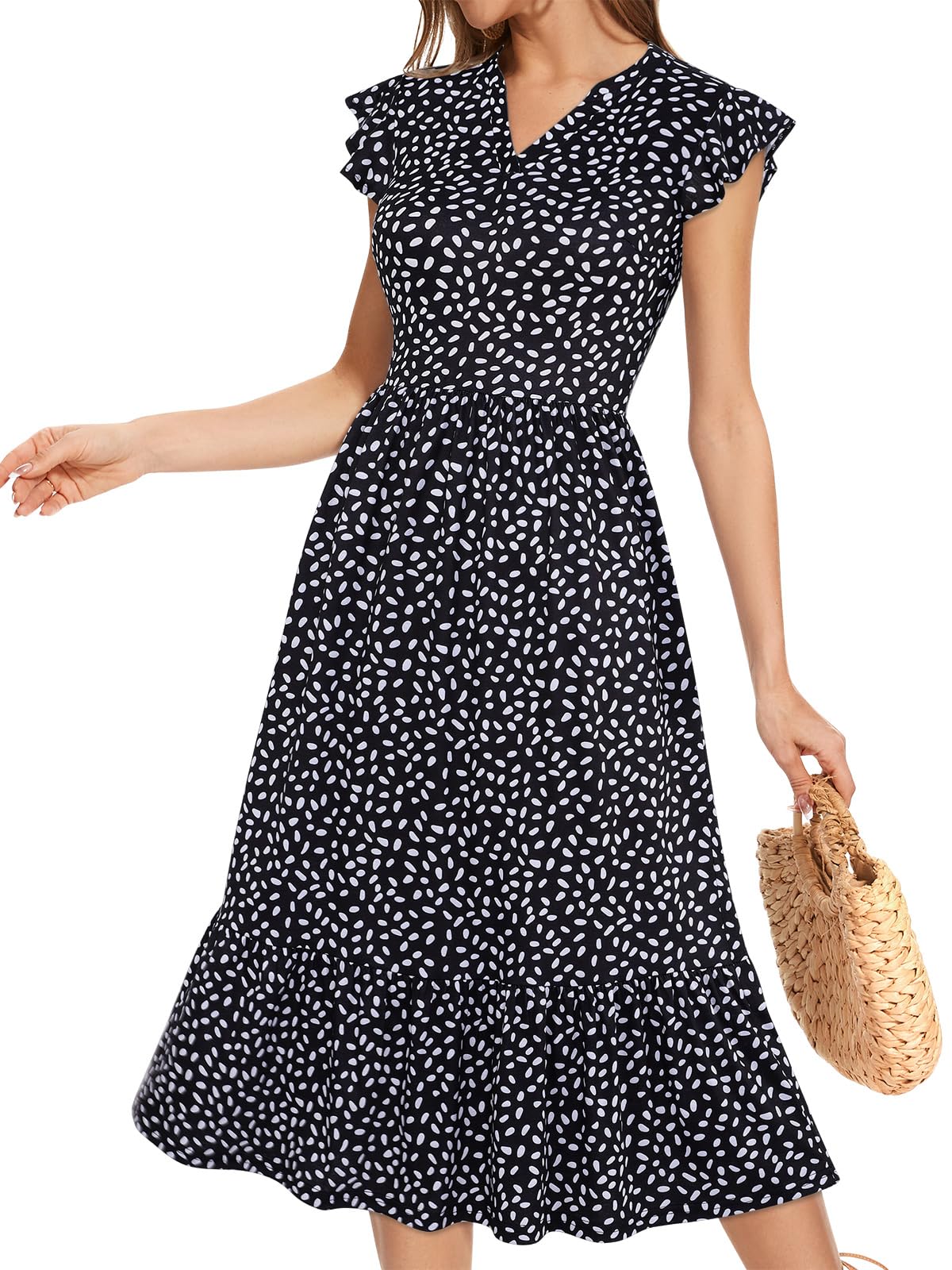 YIOYOLA Midi Dresses for Women 2026 Casual with Pockets Ruffle Sleeve Notched Neck A Line Tiered Boho Beach Summer Sundresses