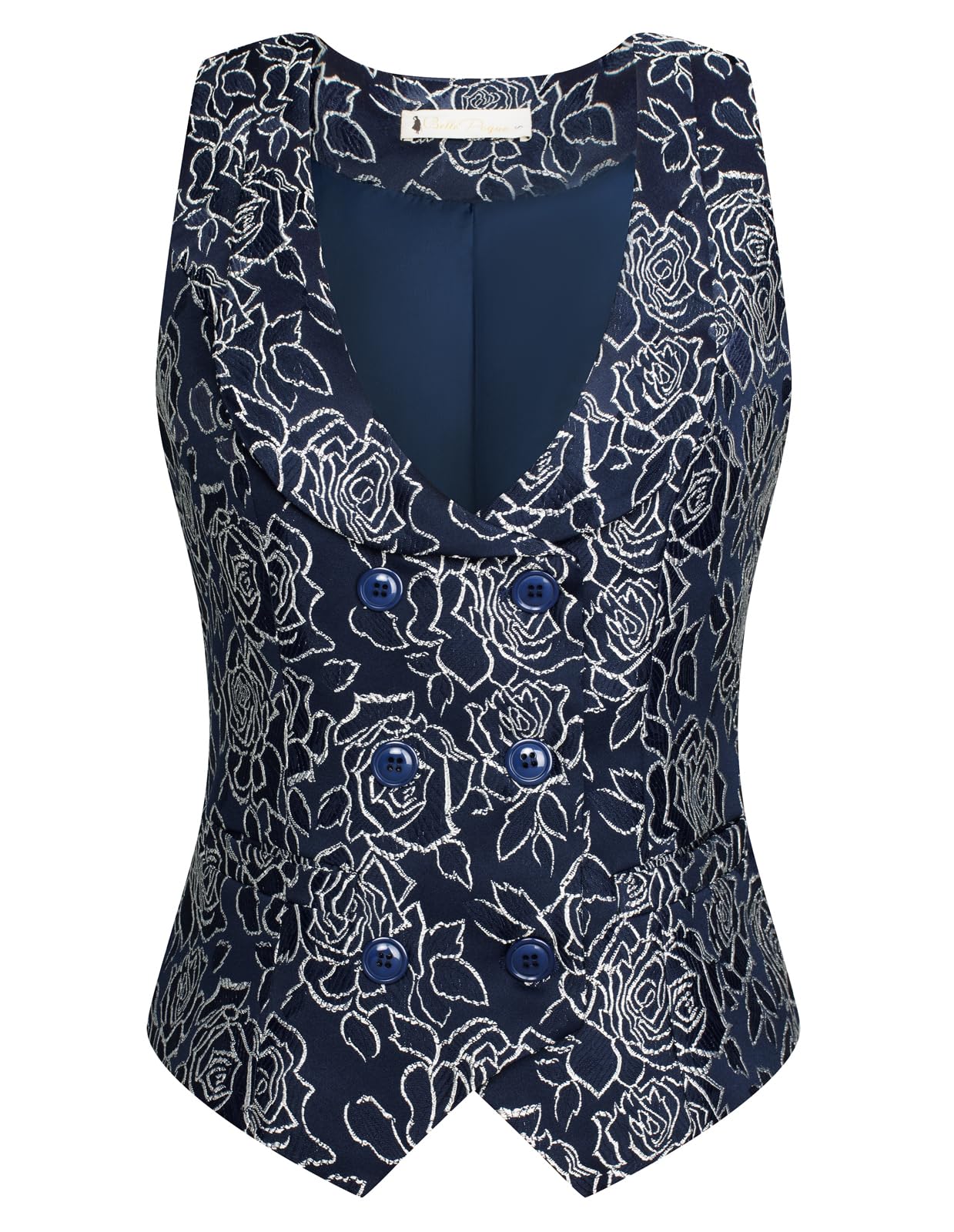 Belle Poque Damska kamizelka dwurzędowa w stylu vintage, głęboki dekolt w serek, poszetka, brzeg, kamizelka, płaszcz z 2 kieszeniami