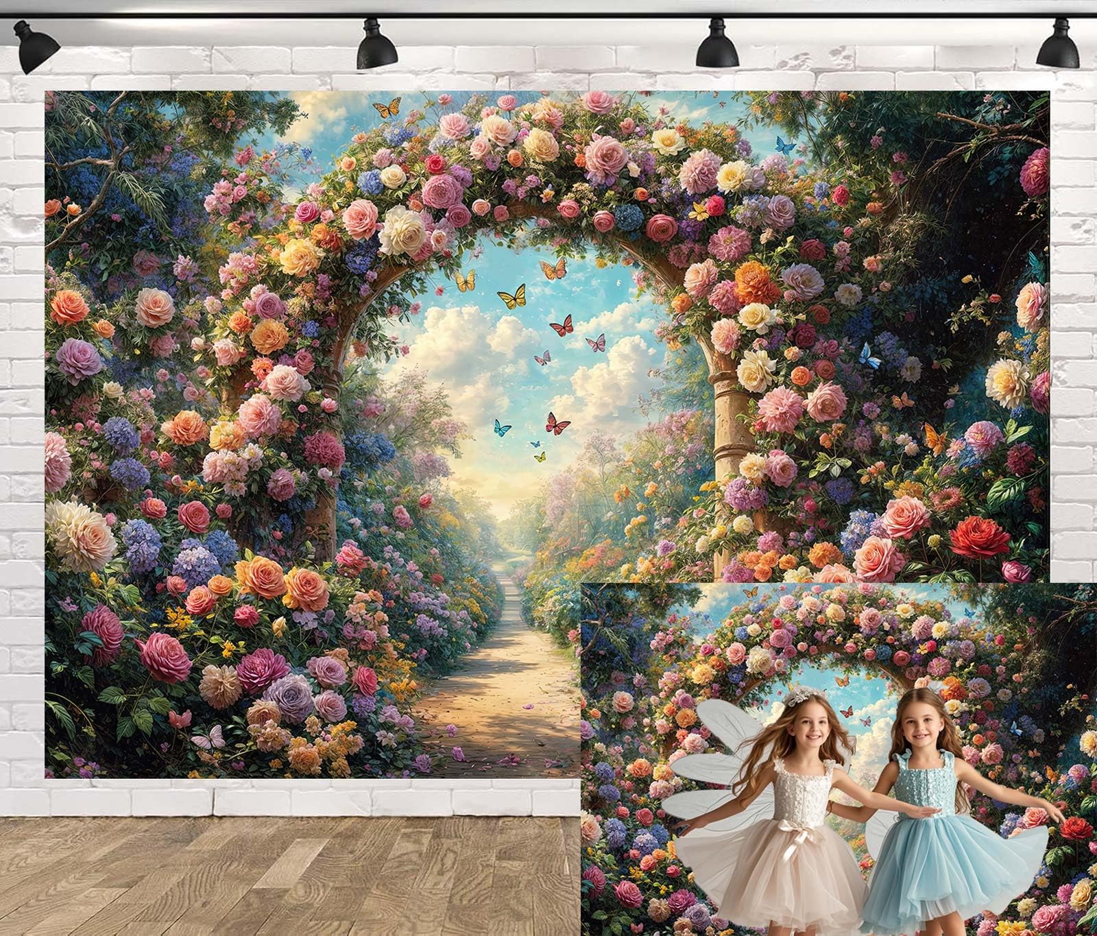 Spring Garden Floral Backdrop Romantic Fairytale Forest Flower Butterfly Wonderland Arch Door Background Backdrop Girl Kids Birthday Party Decor Photo