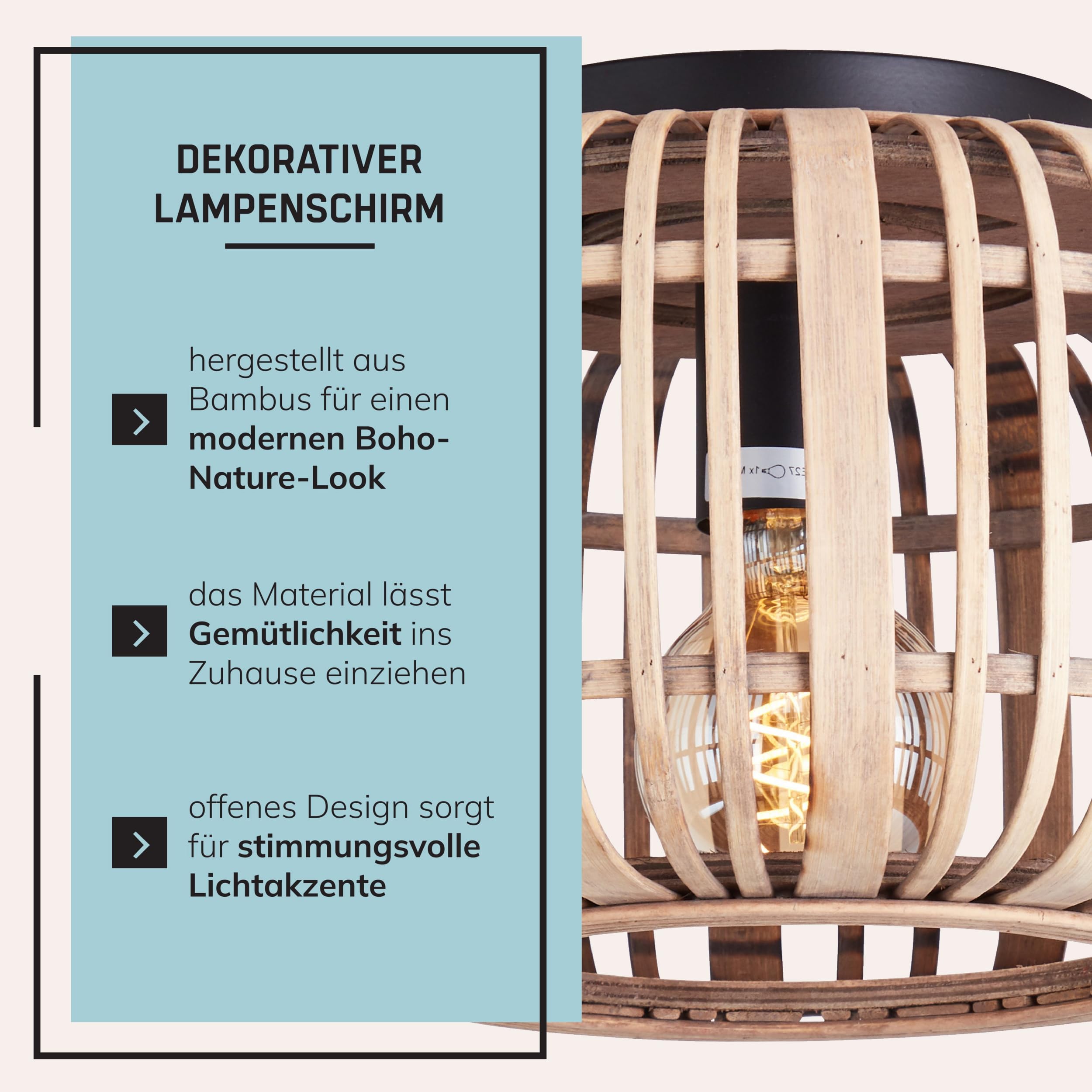 Lightbox Bambus Deckenlampe rund Ø 32 cm, Boho-Stil, E27 Lampe | Natürliche Deckenleuchte fürs Wohnzimmer, Schlafzimmer und den Flur, dekorative Leuchte aus Naturmaterial