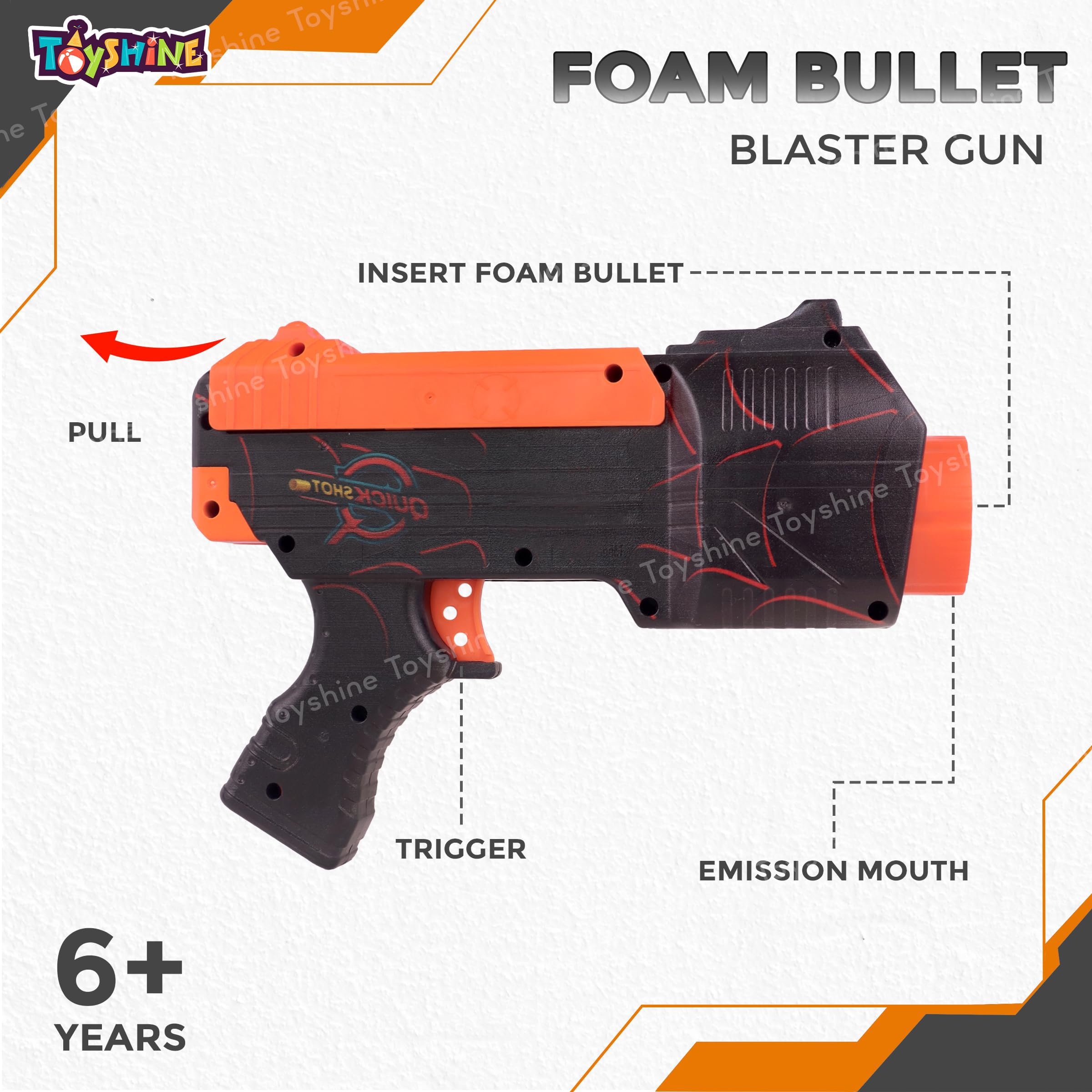 Toyshine Quick Shot Long Range Upto 70FT Easy to Shoot SPI Design Foam Bullet Blaster Gun Toy with 6 Pc Soft Bullets Shooting Fun Outdoor Toy for Little Kids 6+ 1