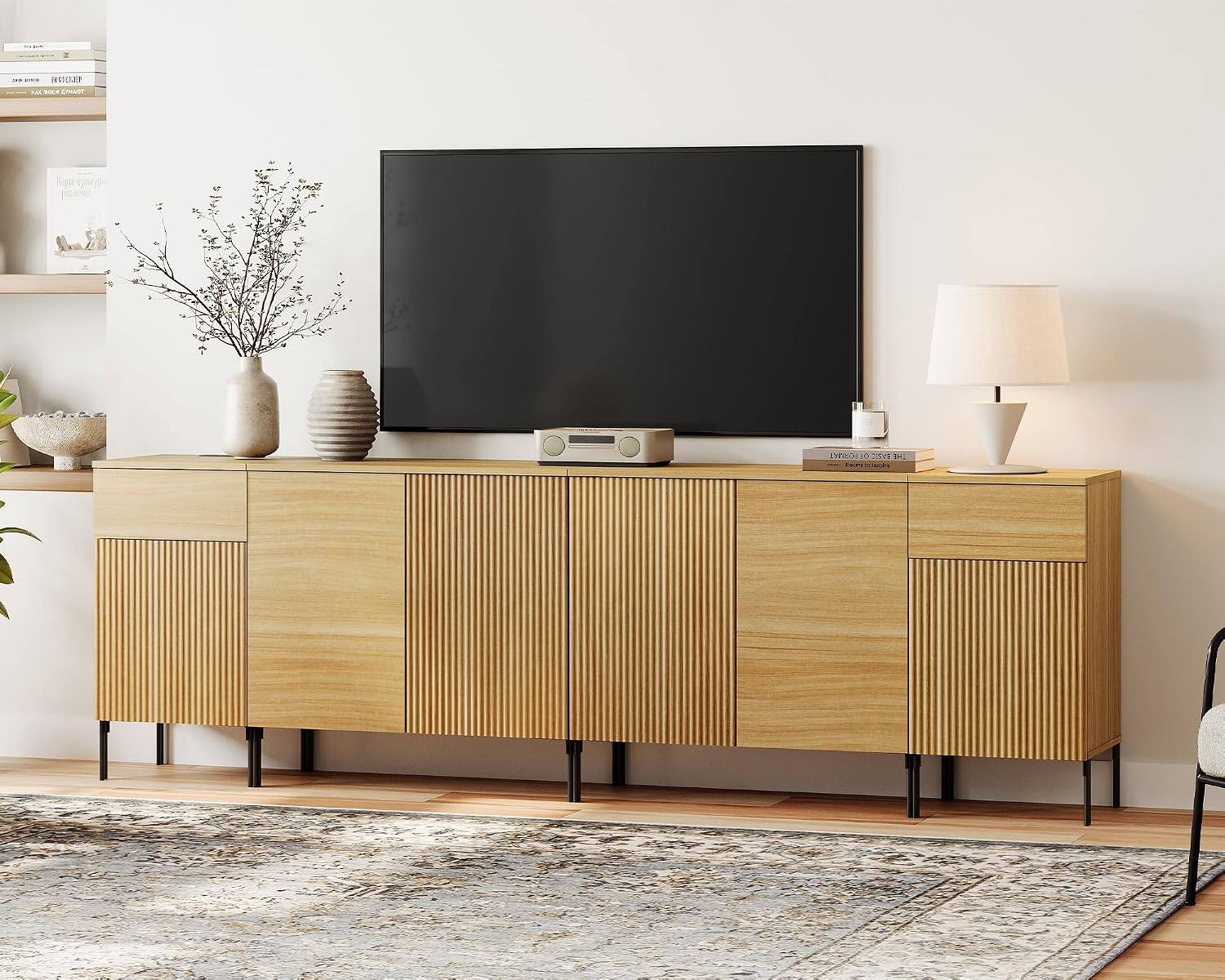 WAMPAT 4 in 1 Fluted TV Stand for 100 Inch TV, 94.5" W Modern Entertainment Center with Storage Cabinets and 2 Drawers & 4 Doors, Wood Media TV Console Table for Living Room, Bedroom, Oak