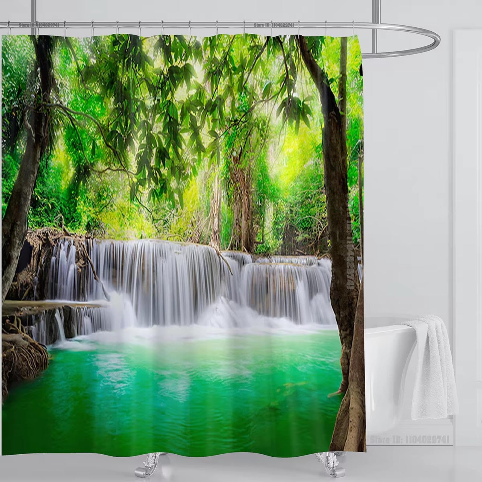 Rideau de douche arbre vert paysage montagne jungle 3D 89x183cm