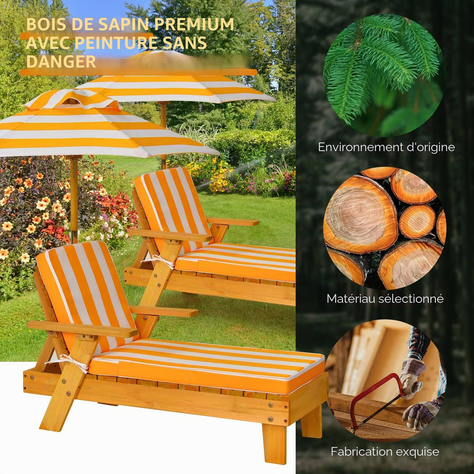 KOMFOTTEU Chaise Longue pour Enfants en épicéa avec Parasol