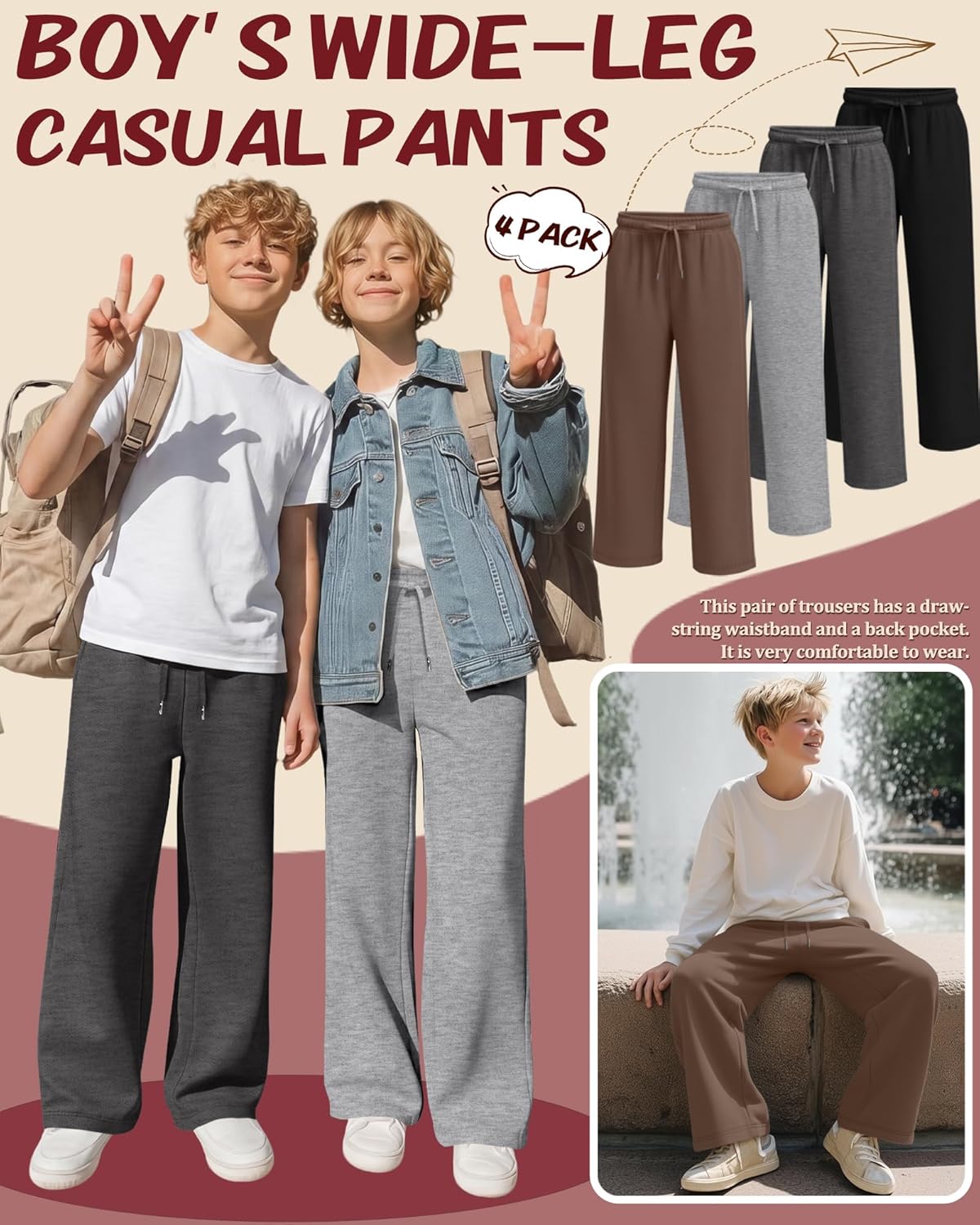 4 Pack Boys Sweatpants Kids Straight Wide Leg Baggy Athletic Pants Drawstring Open Bottom Joggers with Pockets
