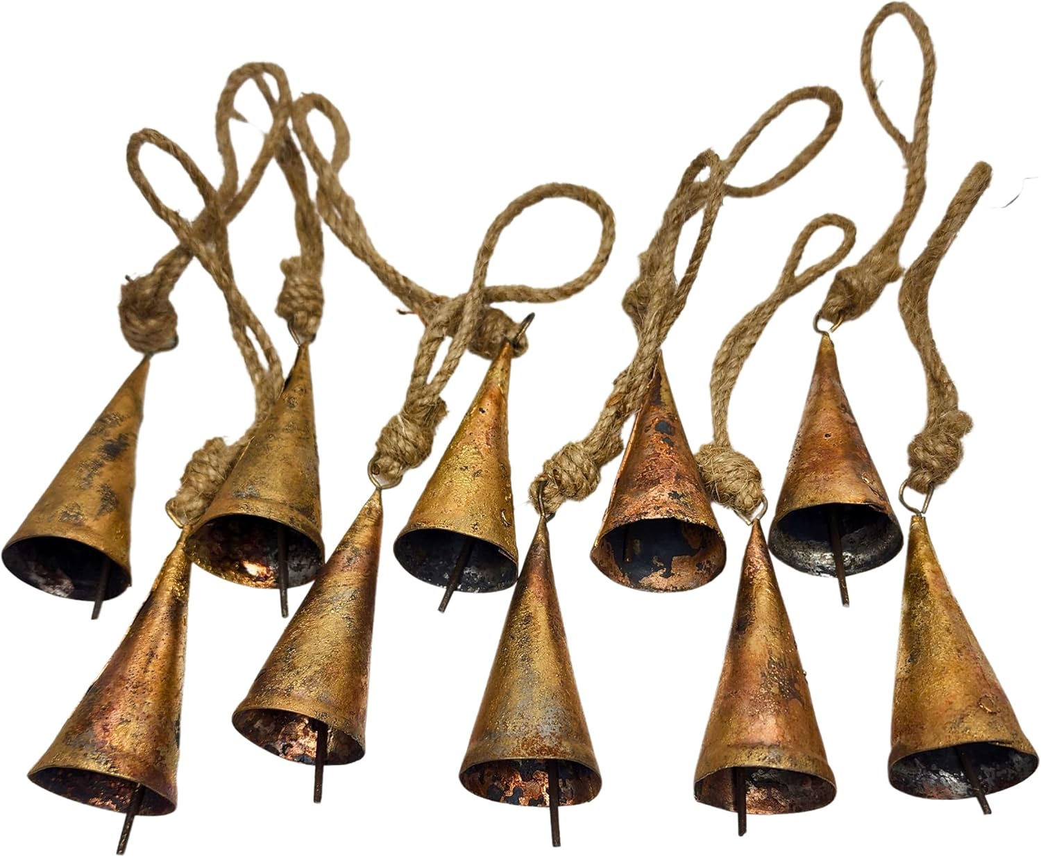 7 cm Big Vintage Rustic Lucky Tin Metal Cow Bells Handmade Christmas Décor Bells on Jute Rope (10 Pieces, Cone)