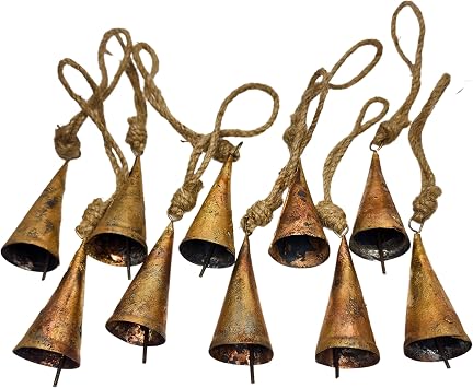 7 cm Big Vintage Rustic Lucky Tin Metal Cow Bells Handmade Christmas Decor Bells on Jute Rope 10 Pieces, Cone