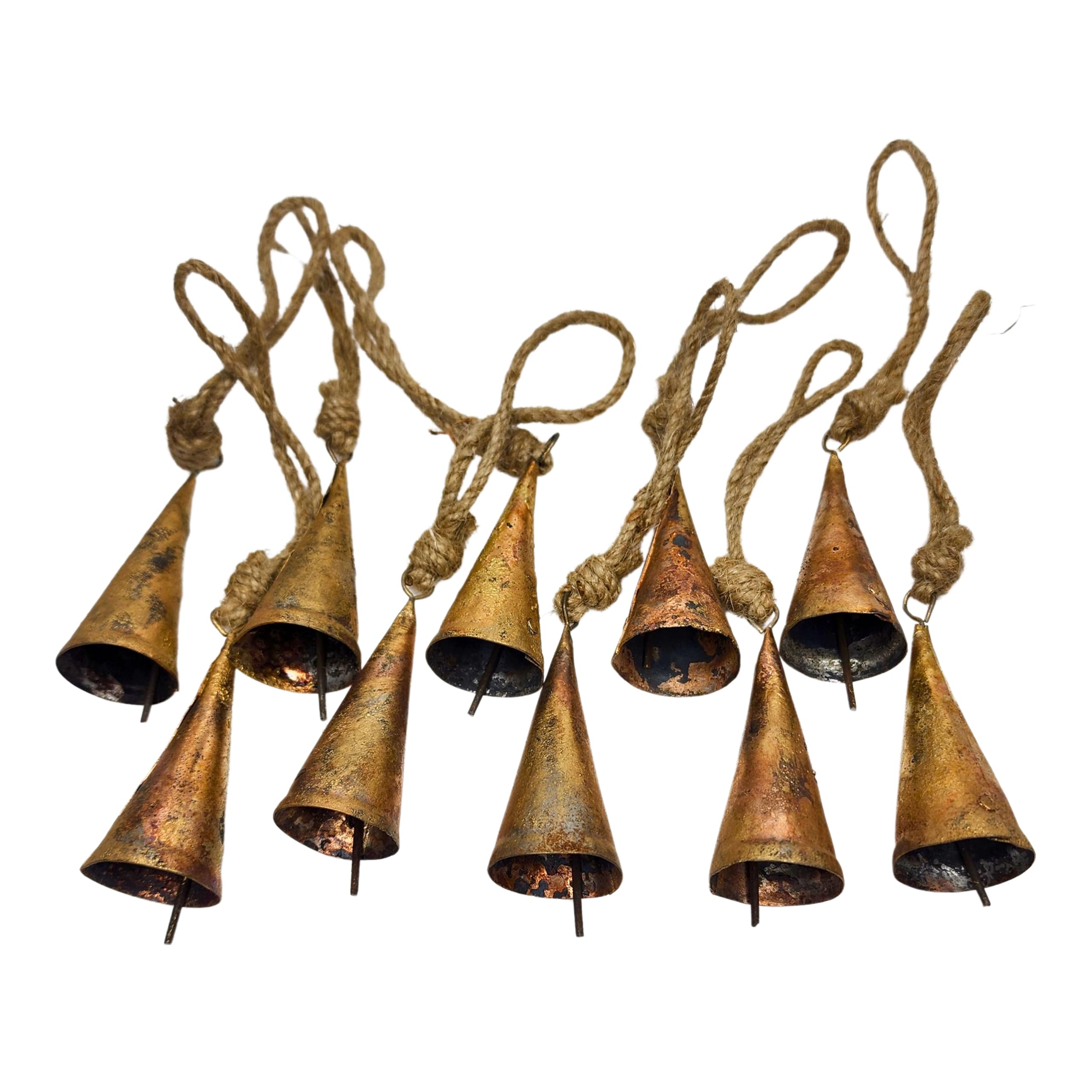 BELLUXE 7 cm Big Vintage Rustic Lucky Tin Metal Cow Bells Handmade Christmas Décor Bells on Jute Rope (10 Pieces, Cone)