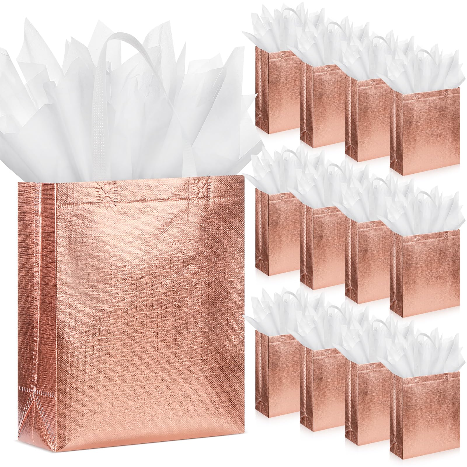 Sweetude 50 Pcs Reusable Gift Bags with Handles Grocery Gift Bags with Tissue Paper Glitter Shopping Bags for Present Birthday Wedding Party(Rose Gold