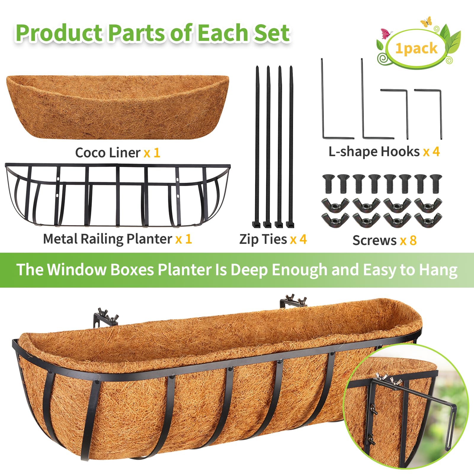 Snapklik.com : Legigo 4 Pack 24 Inch Window Box Deck Railing Planter