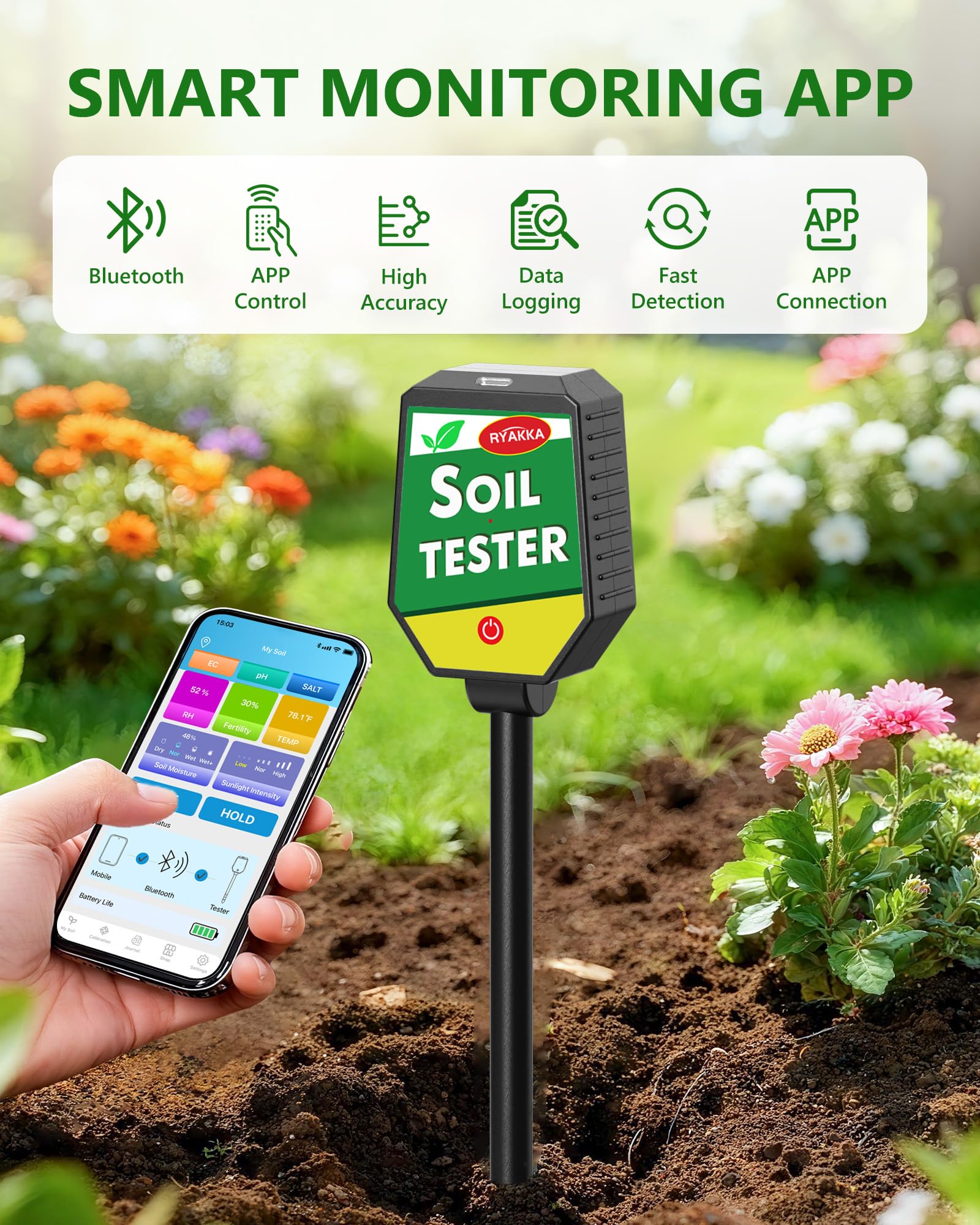 8-in-1 Bodenmessgerät mit APP-Überwachung, Messgerät Erde mit pH/EC/Temperatur/Feuchtigkeit/Fruchtbarkeit/Salzgehalt/Sonnenlicht/Umgebungsfeuchtigkeit für Garten