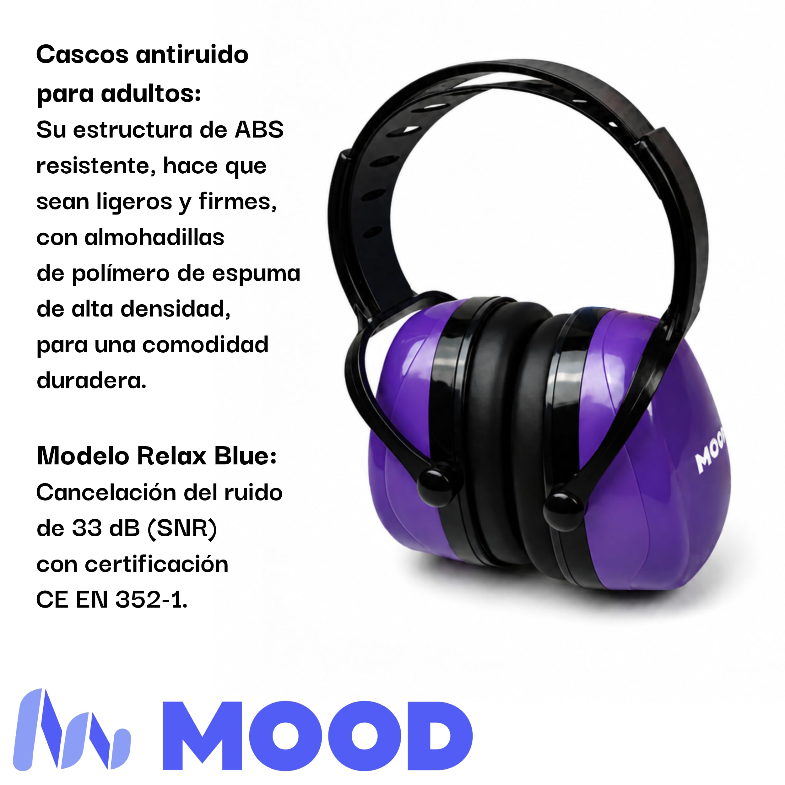 MOOD Cascos antiruido adultos: Reducción del ruido de 33 dB (SNR) - Cascos aislantes del ruido para estudiar, construcción, tiro deportivo - Marca española certificada - Relax Purple