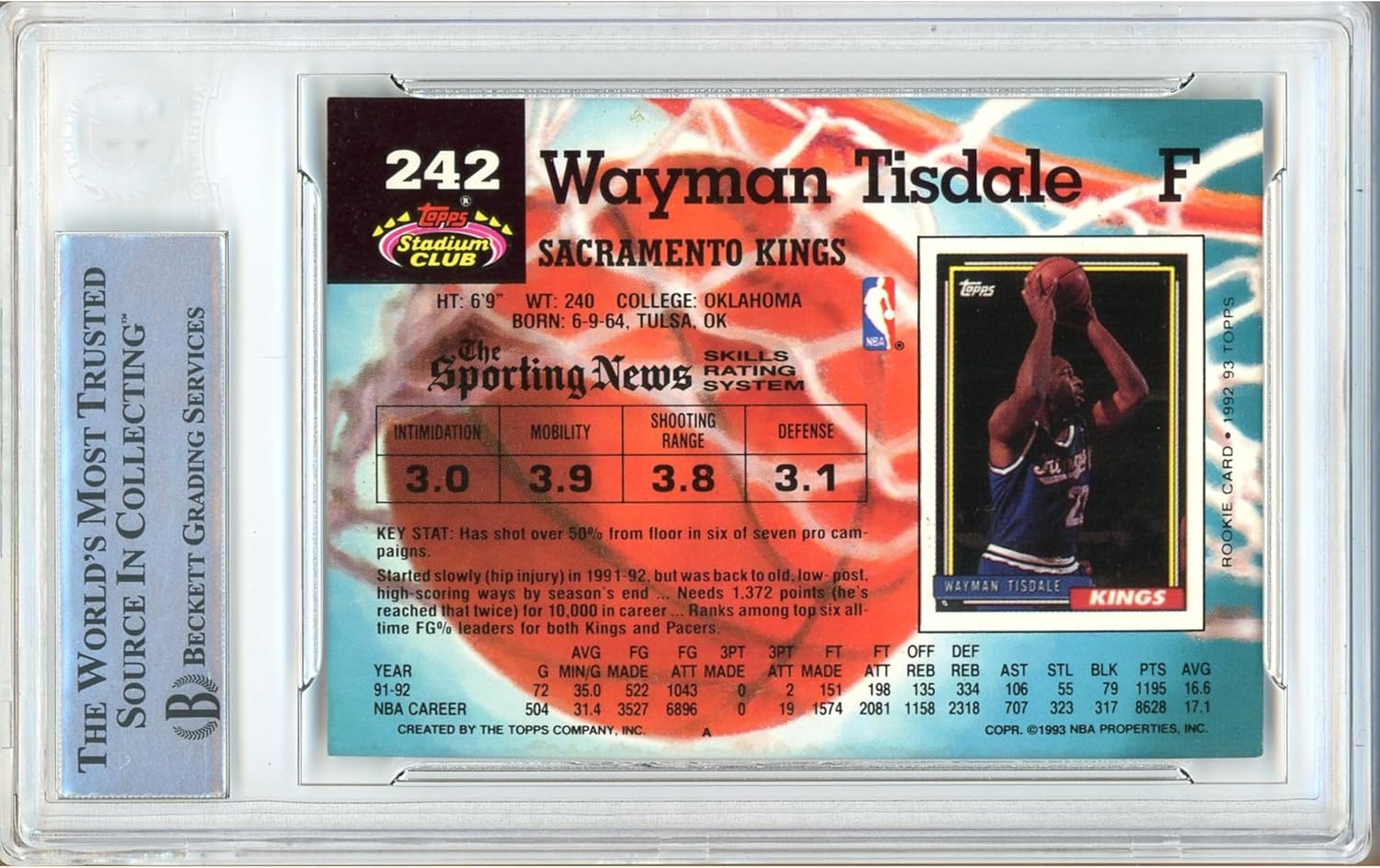 Wayman Tisdale Autographed 1992 1993 Topps Stadium Club #242 Basketball Trading Card Slab Beckett BAS Authentic Slabbed COA Played For Sacramento Kings NBA