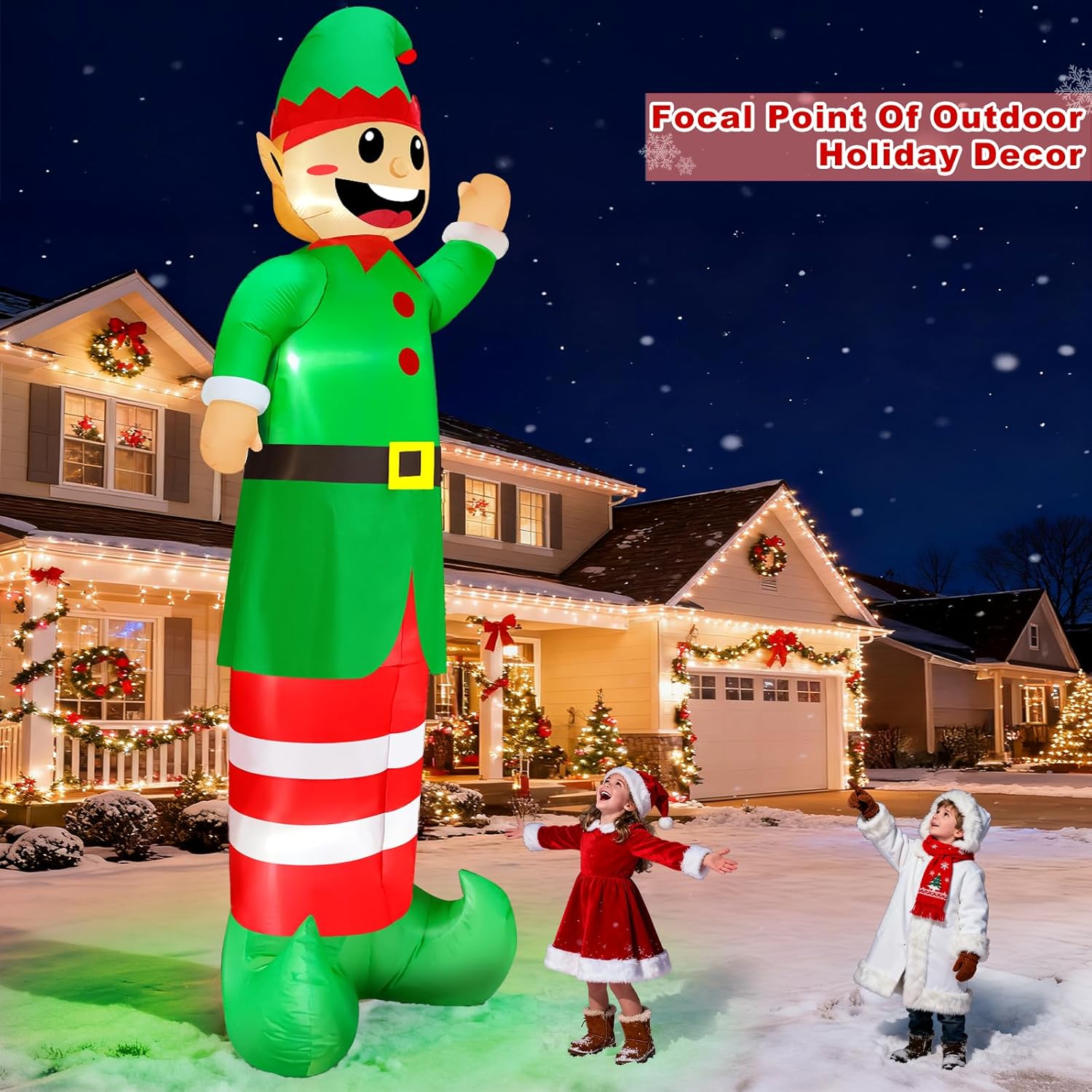 14 Ft by 5.2 Ft Super Tall Christmas Inflatable Elf, Christmas Inflatables Decorations Outdoor Blow Up Giant Santa Elf with Built-in LEDs Inflatable Christmas Decoration for Yard Outside Garden Lawn - Image 3