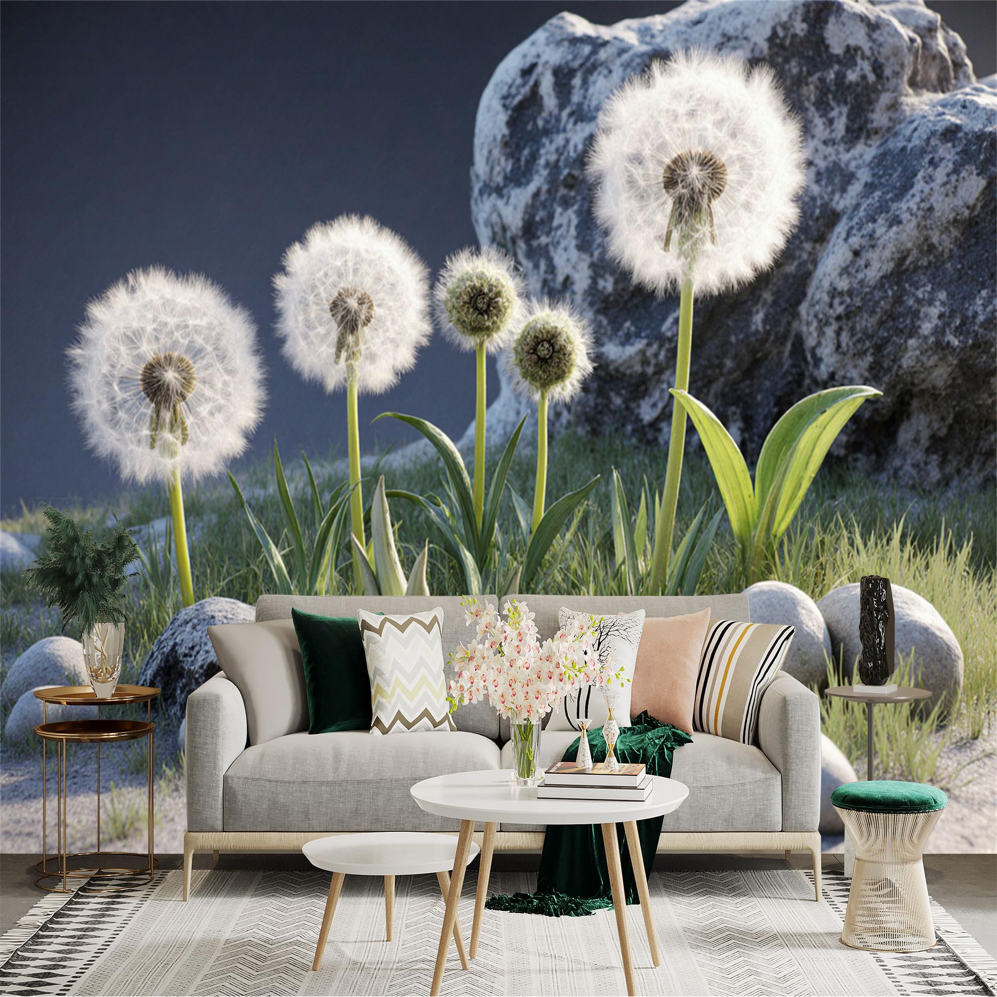 Custom Size Wall Sticker Mural， Fluffy White Dandelion Seeds， Nature Botanical Plant Scene， Stone Garden Landscape， for wall Decoration， peelandstick wall Decals.