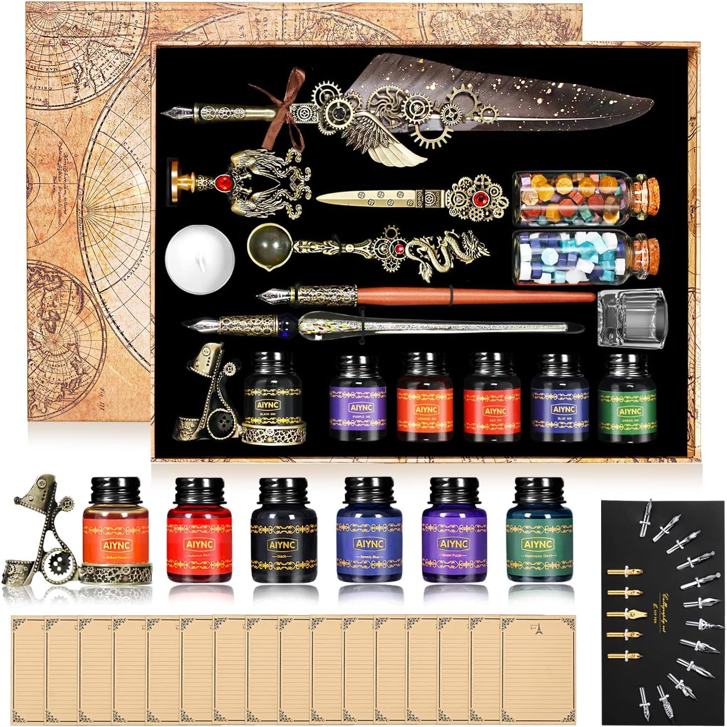 Oauir Gusix Quill Pen Ink Set,With Quill Pen,Wooden Dip Pen,Glass Dip Pen,6 Bottles Ink,16 Letter Paper,2 Envelopes,17 Nibs,Pen Holder,2 Bottles Fire Lacquer Wax,Stamp,Spoon,White Wax,Cup(Grey)