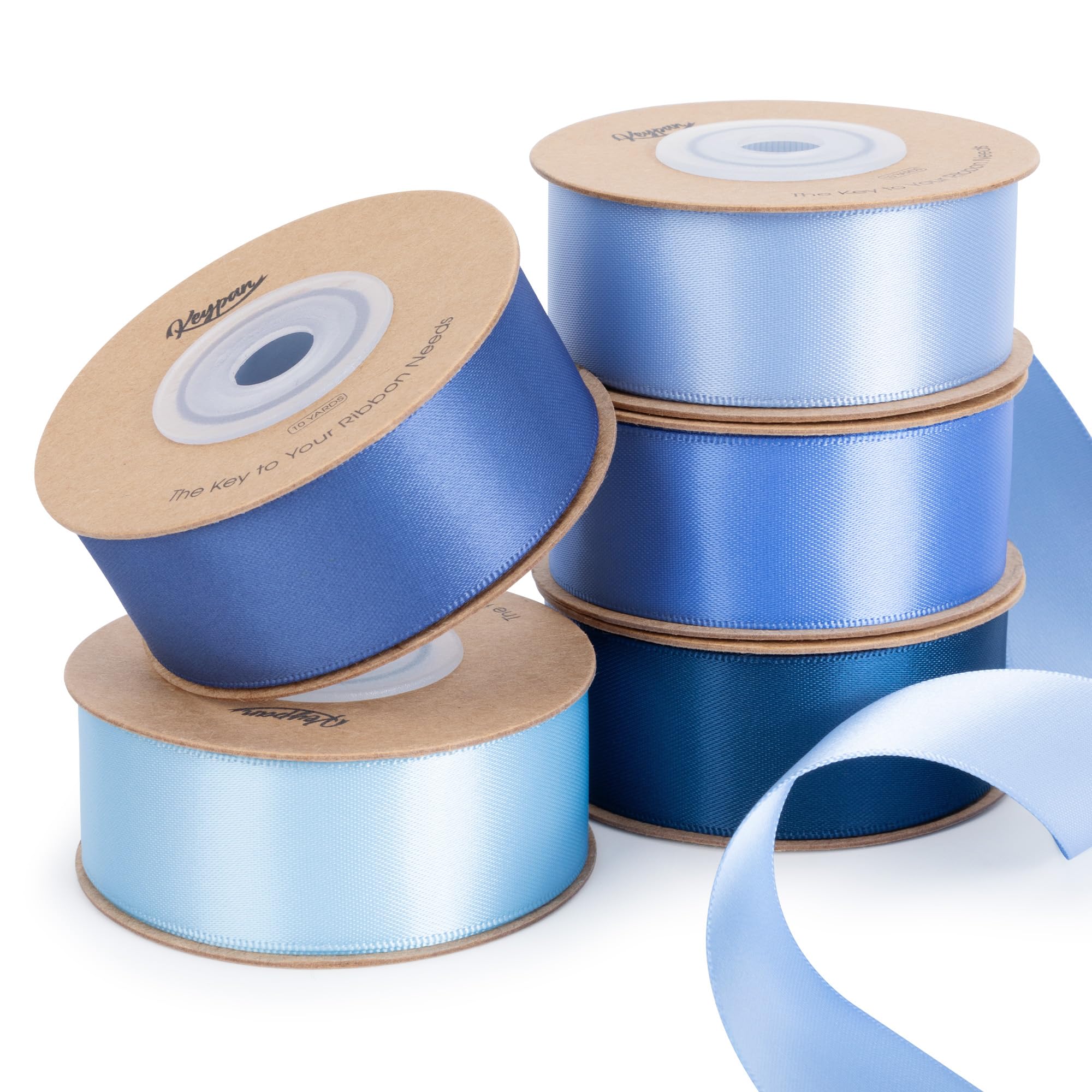 Keypan Blue Satin Ribbon Set 2.54 cm x 45.72 m Double-Faced Assorted Ribbons for Gift Wrapping, Crafts, DIY Hair Bows, Bouquets, Wedding Decorations, 9.14m per roll